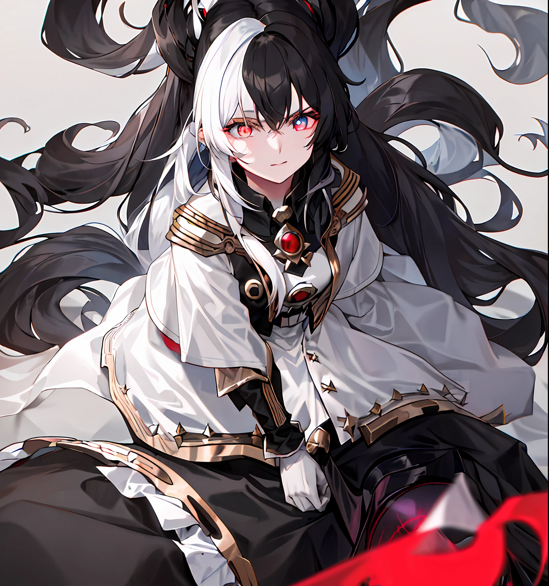 Only 1 21yo female, black white long hair flowing, left blue eyes right red eyes, holding dark orb
