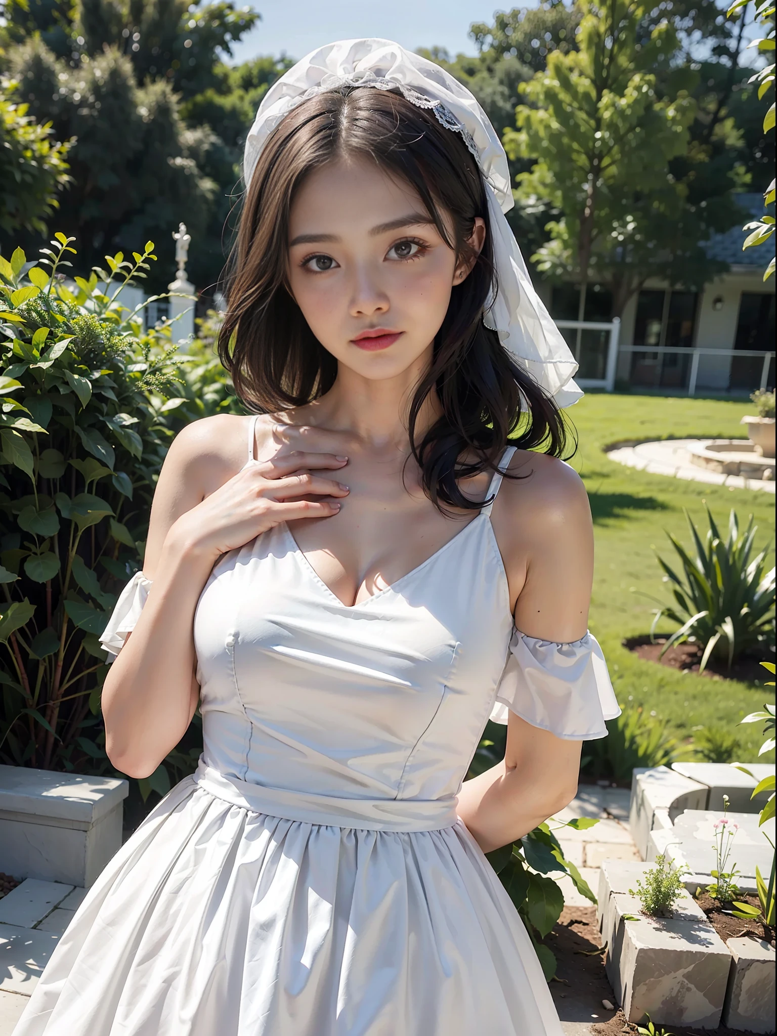 1 girl, heavy shoulders, faint smile, shiny skin
Best quality, masterpiece, (realistic: 1.4), in the garden, white dress