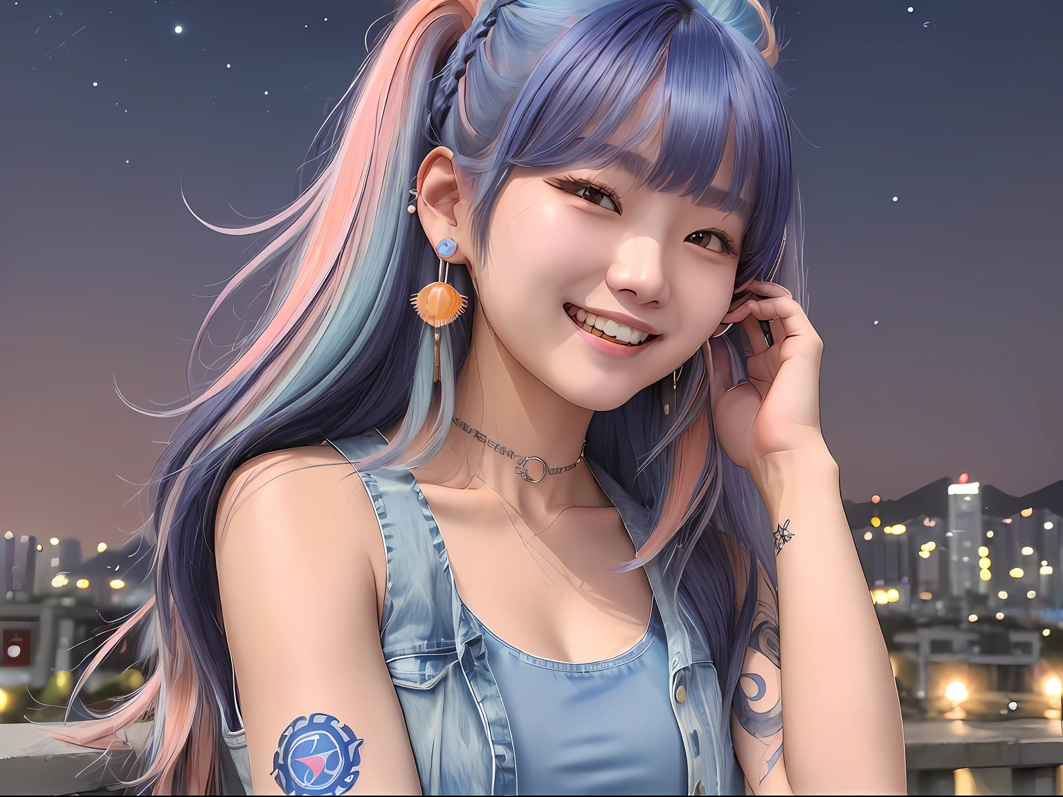 (masterpiece:1.9), [(4k, ultimate realistic detail, best image quality, best resolution, raytracing, unreal engine 5):1.4], [(has 2 balanced hair color:1.95), (long Hime-cut style with bangs and dark blue hair color:1.8), (and some part of of her hair color is pastel peach:1.9), (hair color style reference from Guy Tang:1.8):1.5], (natural expressive laughing face:1.8), (laughed off:1.8), (smiling happily:1.8), (a pretty Korean female teen:1.9), (half body shot), raytracing soft ambient light, (night sky with dramatic lowlight night korea city background:1.8), (wear crop white tank-top and blue jeans denim jacket as the outer:1.6), (wears hot pants:1.5), good body proportion, (has various metal piercings in her ears:1.5), (a septum style nose piercing:1.4), (simple minimalist tattoos in her neck and body:1.5), precise features, Beautiful face, candid photo journalism, Waist up portrait, sharp bokeh UHD, gritty realistic, in focus low depth of field, 16mm film quality with grain, pantone analog style, Rim lighting, perfect color tones, (imperfect skin quality), skin blemishes, (light freckles, skin texture and little skin pores:0.7), sharp fine details, Extremely detailed, realistic human face.