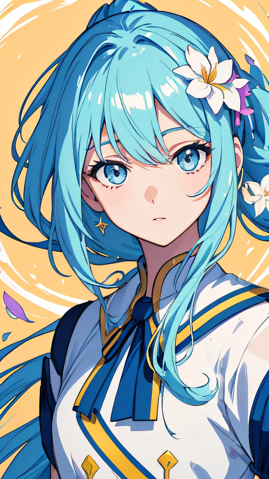 (masterpiece), (best quality), (ultra detailed),(disheed hair),(illustration), (1girl), (Fashionable clothing), standing, Fashion model, looking at viewer, (interview), (simple background), beautiful and delicate eyes, delicate beauty, floating, (high saturation), (colorful splash), colorful bubbles, (shine), focus on face, ponytail, Ayaka Kamisato, light blue hair, bangs, hair circle, floating flowers, flowing hair, (shiny), best lighting, best shadow, look at the audience, half-body, high quality, ((multi-detailed))