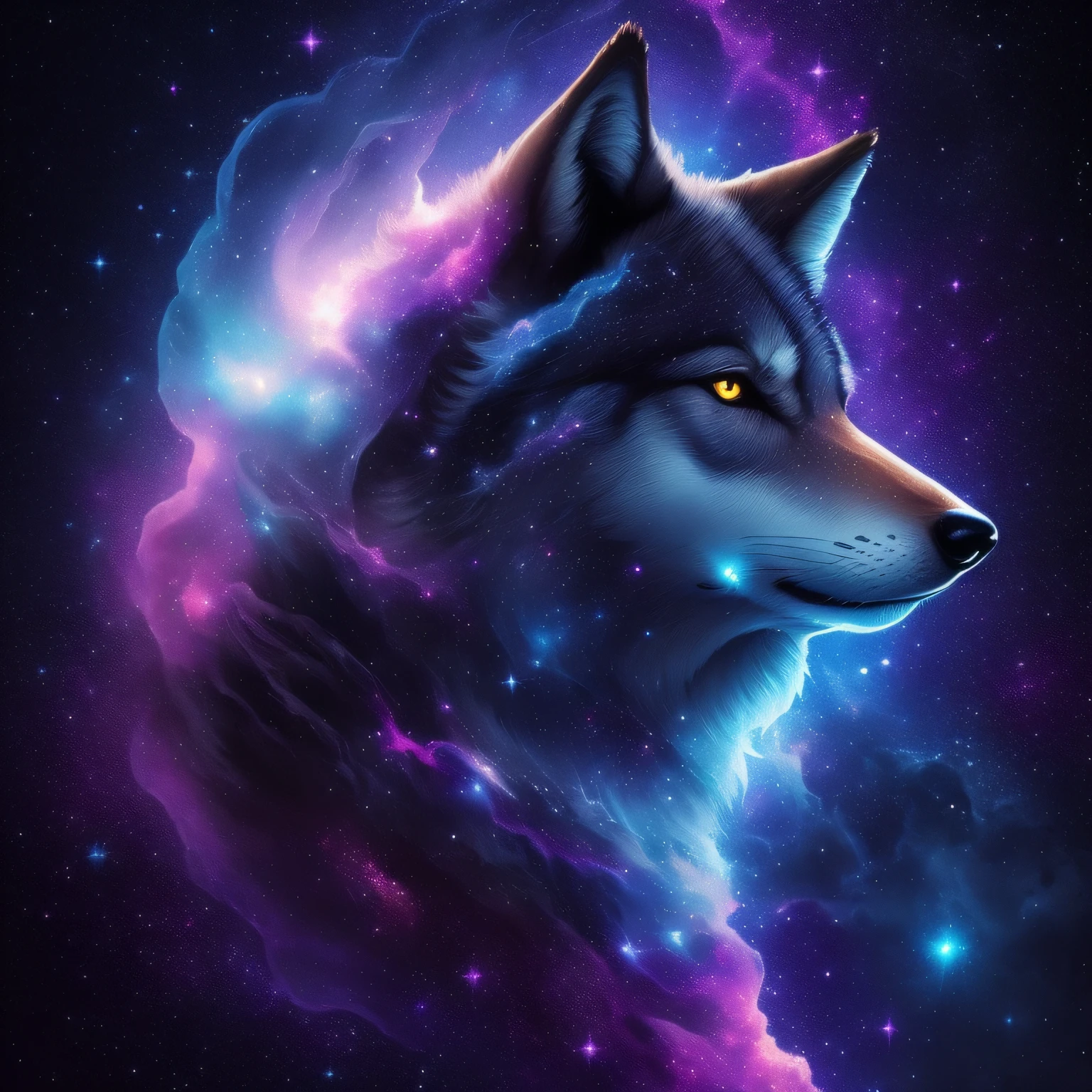 wolf in space nebula, water ink, cosmic space background, painting style, intricate detail, cinematic lighting, cosmos, deep outer space, (an intricate, elegant, highly detailed digital painting), concept art