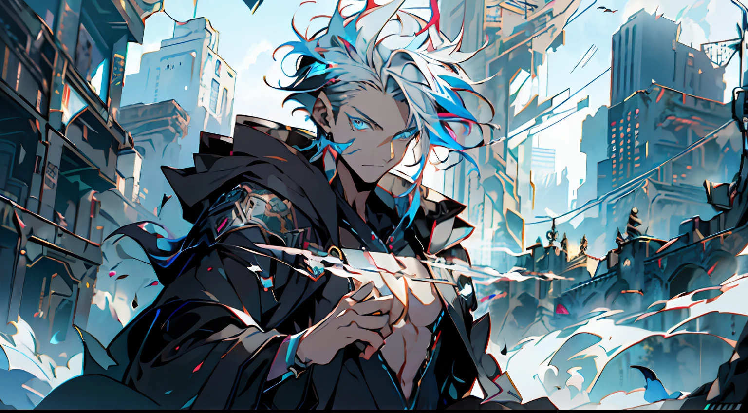 Cyberpunk male, fantasy world, dark background, clean design, epic instagram, artstation, colorful paint splatter, silhouette, hyper detailed intricate details, unreal engine, fantasy, intricate details, splash screen, complementary colors, Fantasy concept art, 8k resolution, deviantart masterpiece, oil painting, heavy strokes, paint dripping, (isolated on white background: 1.3), rainbow skin, (((handsome young man))), ((teenage:1.5) ), (glowing blue eyes), ((light eyes)), ((((short white hair: 1.1))), ((black clothes)), (prince\\(indifferent expression\\),, ( ((Wears high detail luxurious black robe))), white hair, frost magic, ((chest) --v 6