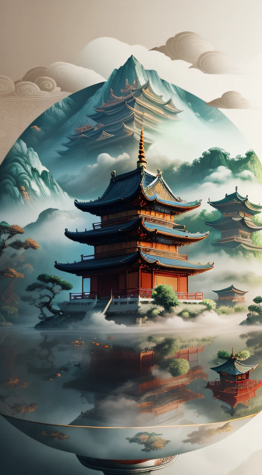 Landscape floating on teacups, illustrated artwork, exquisite multiple Zen temple background, Chinese-style architecture unbridled, palace of clouds and mist, Chinese ink painting style, twists and turns and deep details are presented, painted by Ryan Yee, the scenery of the Tang Dynasty is beautiful. ultra-wide angle, --auto --s2