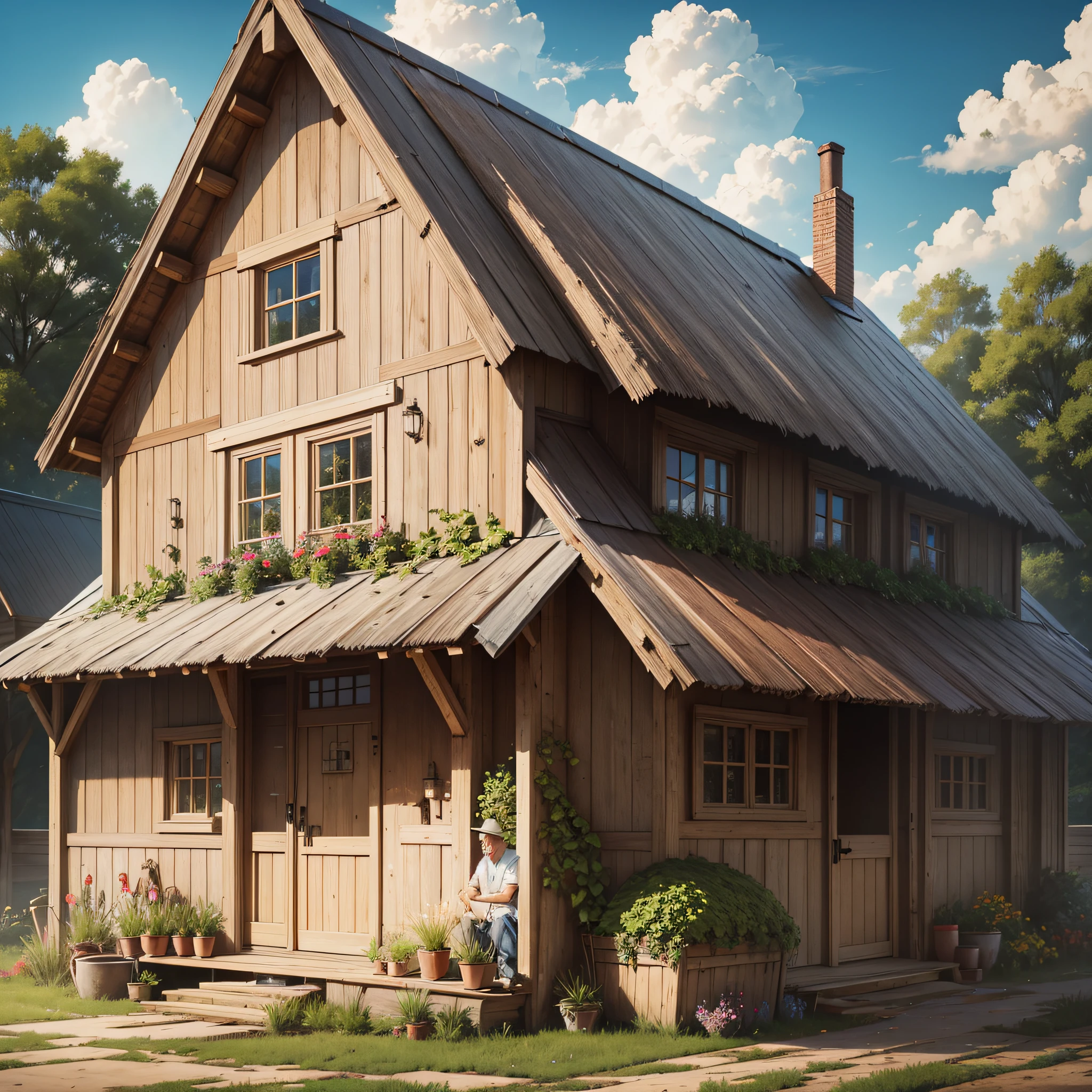 A farmer in front of his wooden house holding a sausage
