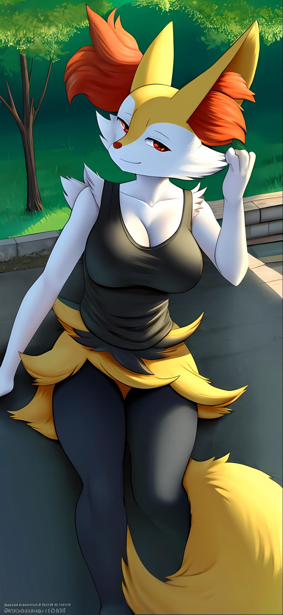 Braixen, ((beautiful solo portrait)), ((masterpiece)), ((detailed shading)), ((high definition)), ((posing for camera on side walk)), (anthro braixen), fox girl, big cute clear eyes, [seductive gaze; (bedroom eyes, smirk with cute fang), curvy body, thick tighs, medium boobs, [yoga pants; (tight fit, detailed shading)], [black tank top; (cleavage, medium boobs), blue sneakers, [forest background; trees (sun rays through leaves), river in background, sidewalk, park]