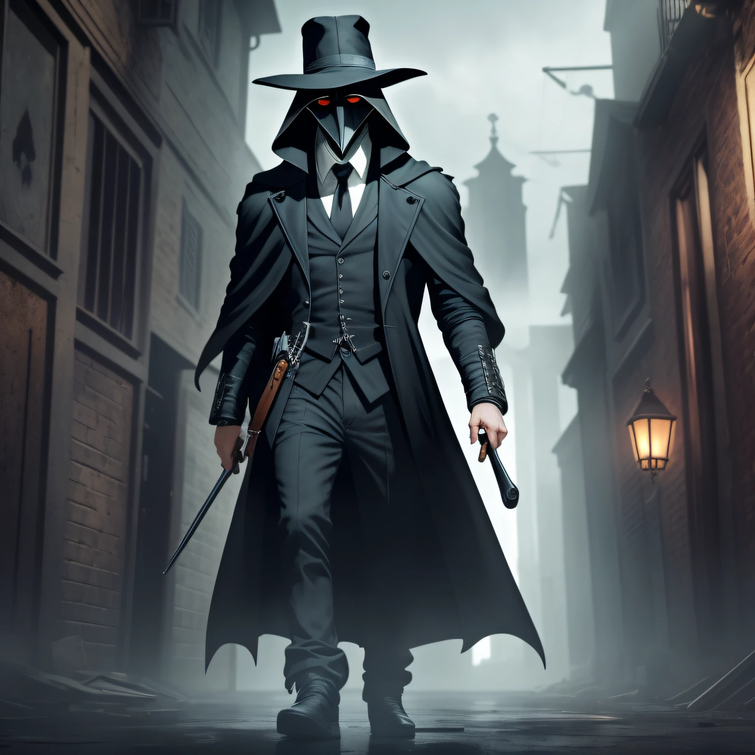 An eerie and ominous masterpiece illustration depicting "The Plague Doctor". Best quality and ultra-detailed with dynamic lighting and shadow. The doctor stands tall, donning a black cloak and hat with a long beak-like mask reminiscent of a bird's face. The mask casts an eerie shadow across his face, highlighting his piercing eyes and stoic expression. The doctor stands in an abandoned alleyway, surrounded by murk and ominous fog, evoking a feeling of isolation and unease.