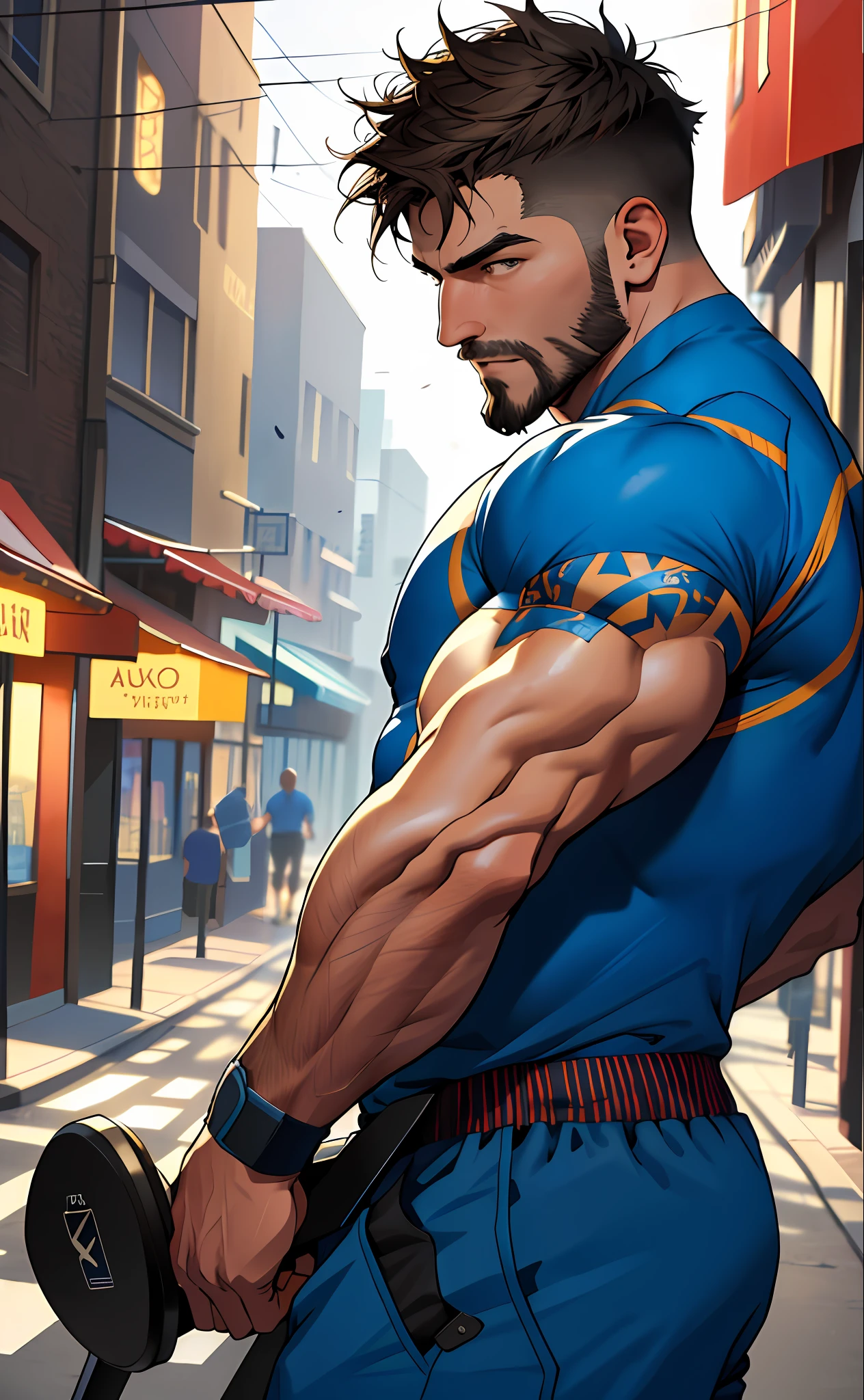 best quality, masterpiece, super high resolution, detailed background, realism, Illustrations, single, 1 boy, street, muscle, volumetric lighting, depth of field, facial hair, fitness trainer