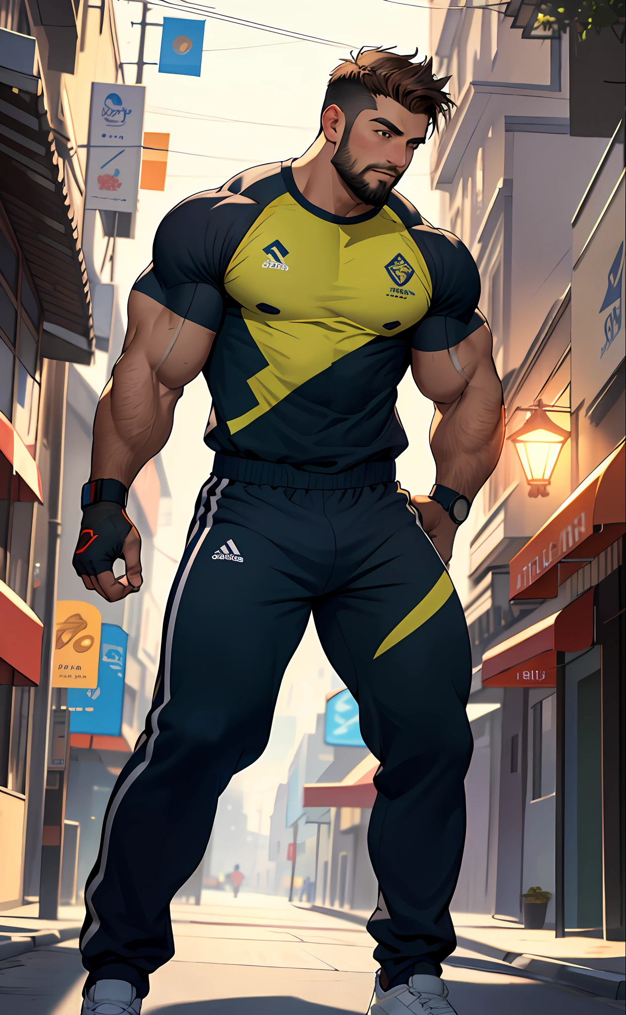 best quality, masterpiece, super high resolution, detailed background, realism, Illustrations, single, 1 boy, street, muscle, volumetric lighting, depth of field, facial hair, fitness trainer