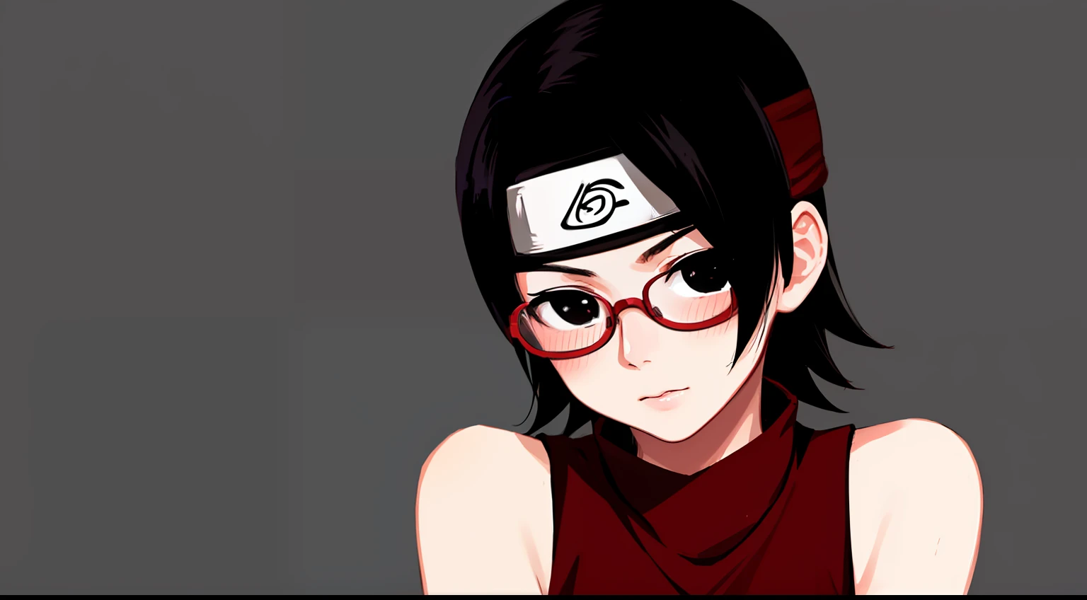 masterpiece, highest quality, best quality, 1boy, 1girl, solo, looking at viewer, age difference, 
Uchiha healed, bare shoulders, black eyes, black hair, blush, red frame glasses, short hair, forehead protector, with itachi uchiha