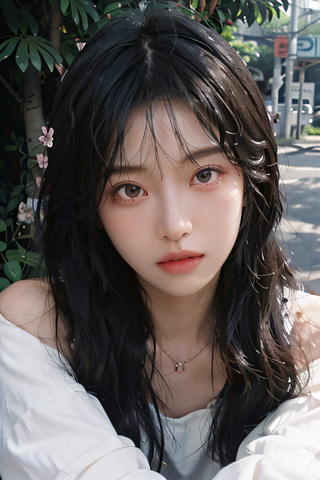 A beautiful girl, hair over the shoulder, clear eyes, smooth hair, exquisite and perfect facial features, the most beautiful big eyes, long eyelashes, sweet eyes with lying silkworms, pout, dynamic angle, ultimate picture quality, the highest precision, accurate and perfect human body, necklace, bust, close-up, outdoors, background is flowers and plants, long shot,