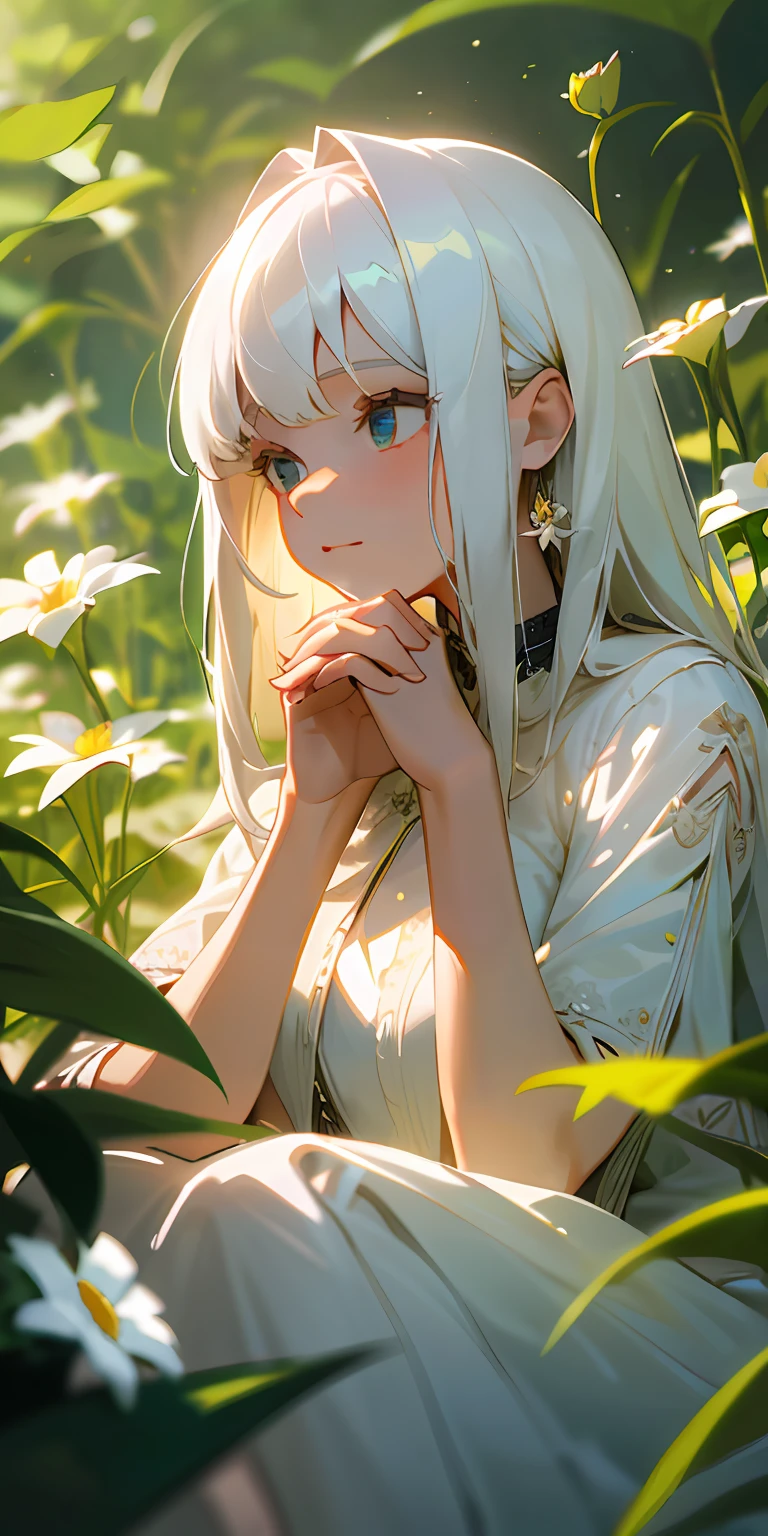 (Masterpiece, best quality), 1 long girl with white hair sitting in a field of green plants and flowers, her hands under her chin, warm light, white dress, blurred foreground, high quality, many details, (delicate hands)