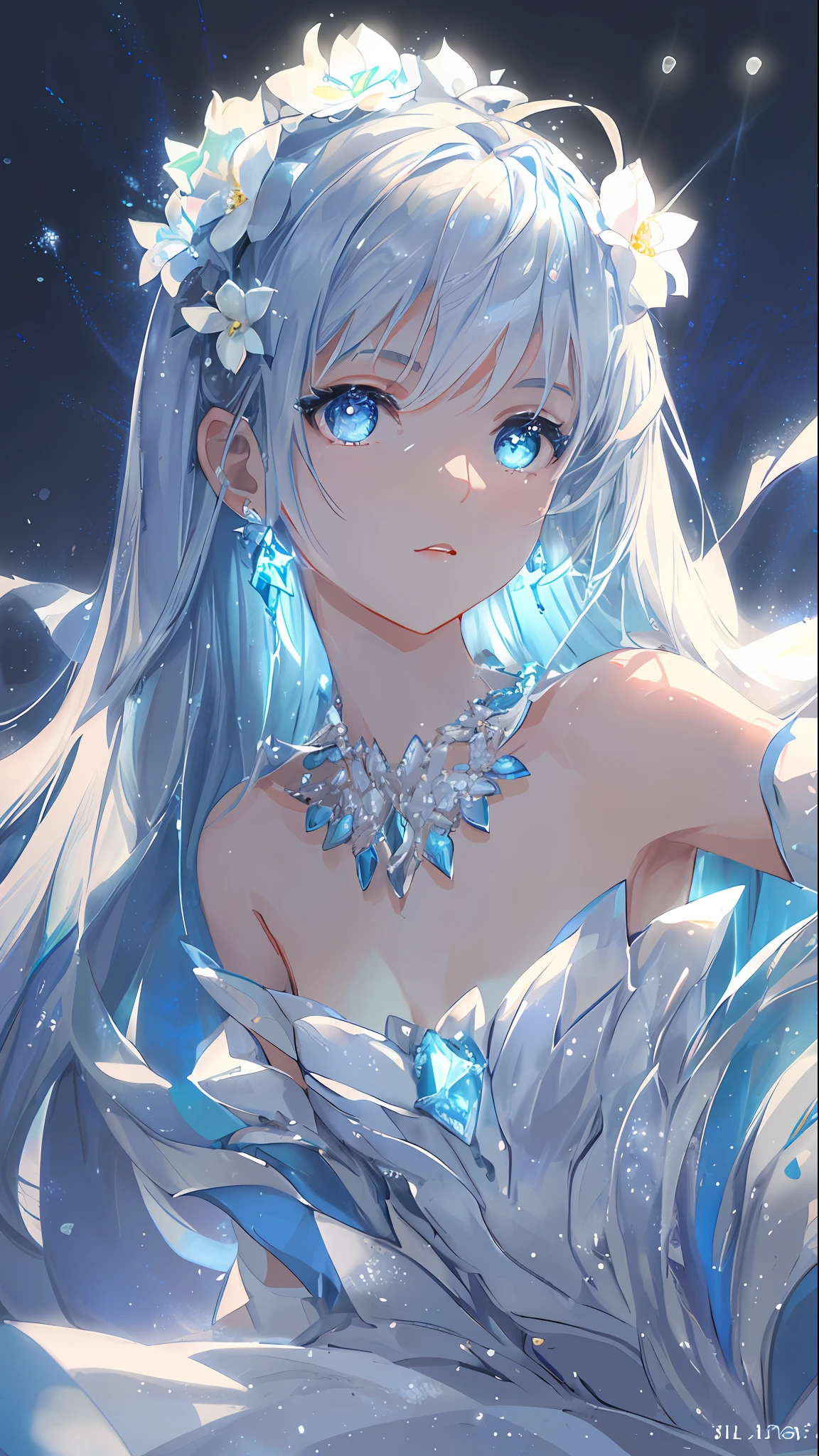 masterpiece, best quality, illustration, sax blue, platinum earrings, platinum necklace, white dress, 1girl, cute, (dynamic lighting:1.2), cinematic lighting, delicate facial features, detailed eyes, sharp pupils, realistic pupils, depth of field, bokeh, sharp focus, (hyper-detailed, bloom, glow:1.4), many small gems