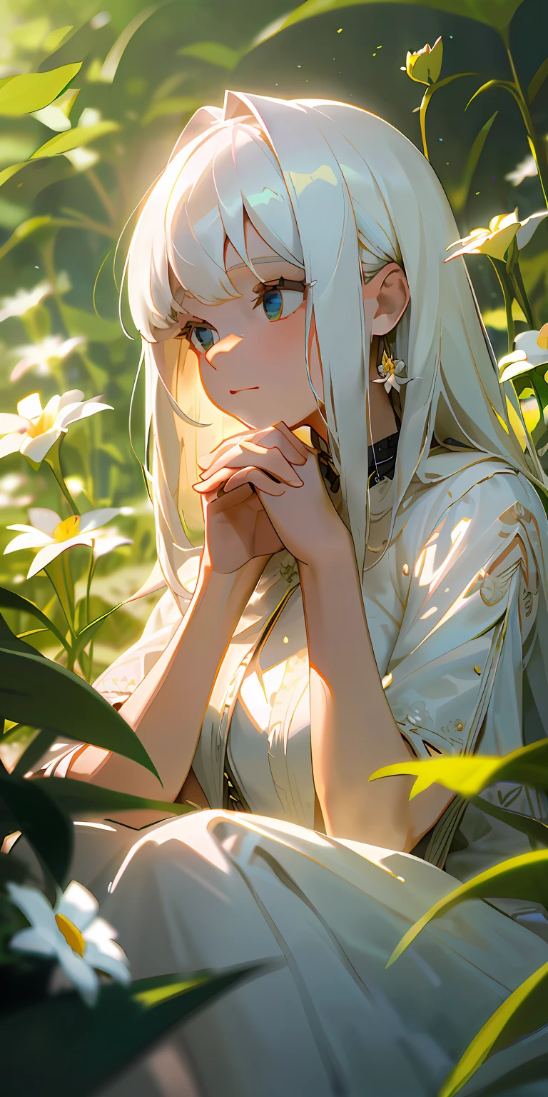 (Masterpiece, best quality), 1 long girl with white hair sitting in a field of green plants and flowers, her hands under her chin, warm light, white dress, blurred foreground, high quality, many details, (delicate hands)