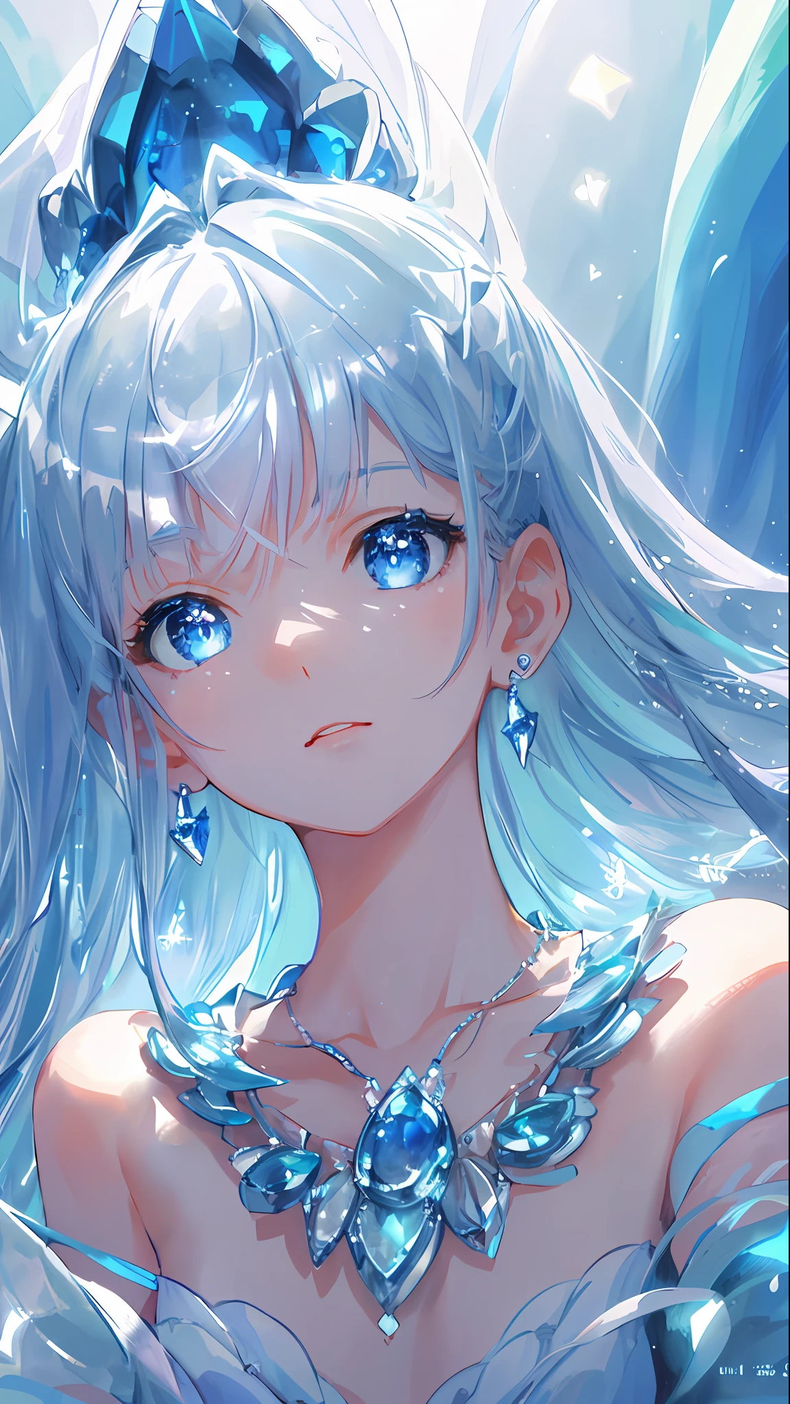 masterpiece, best quality, illustration, sax blue, platinum earrings, platinum necklace, white dress, 1girl, cute, (dynamic lighting:1.2), cinematic lighting, delicate facial features, detailed eyes, sharp pupils, realistic pupils, depth of field, bokeh, sharp focus, (hyper-detailed, bloom, glow:1.4), many small gems