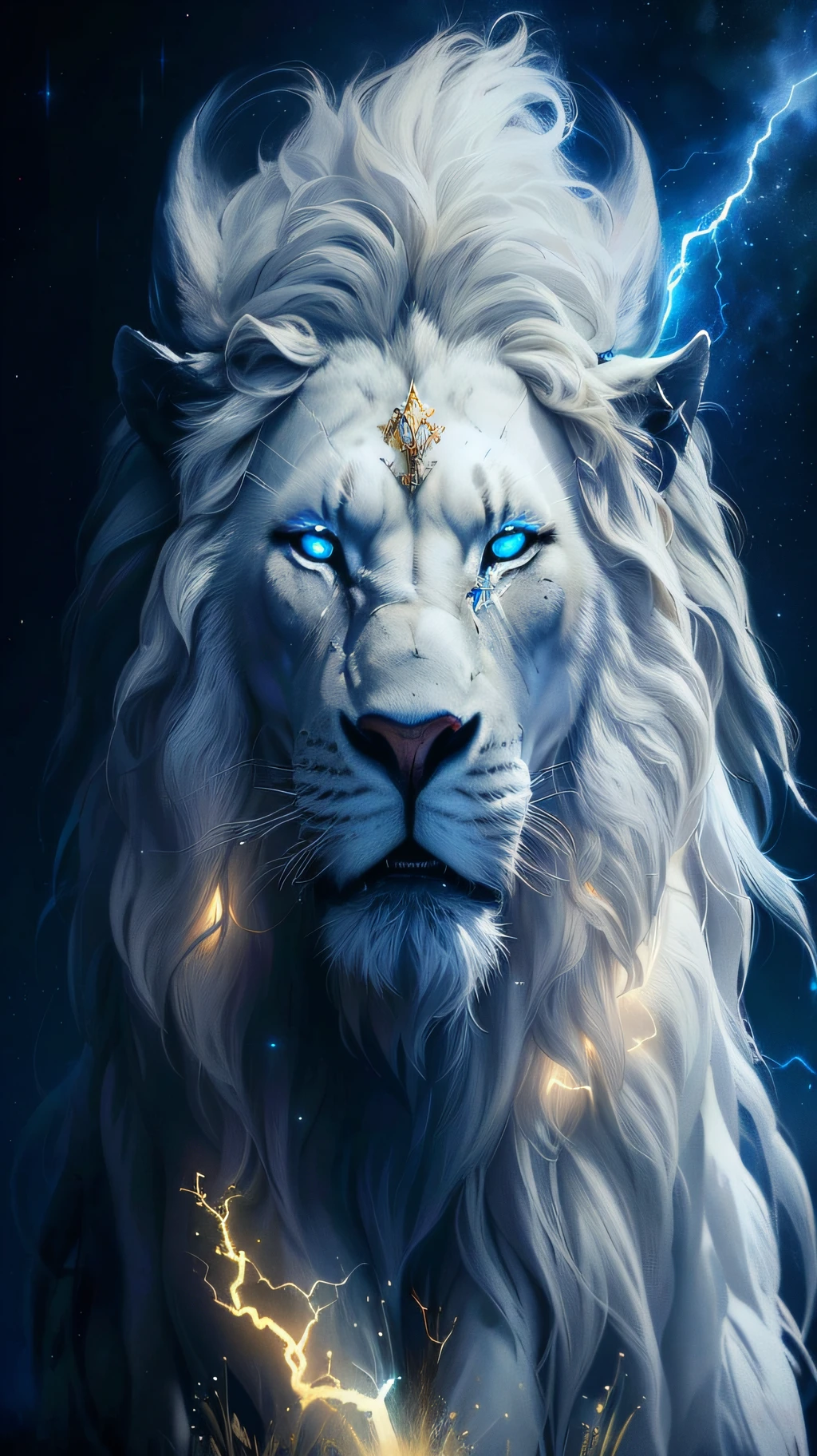 Anthill of a close up of a white lion with crown and a lightning bolt in its mouth, roaring blue lion. majestic, gorgeous goddess of leo, lion warrior, high definition cgsociety, aslan the lion, wallpaper 4k, wallpaper 4 k, dominant wihte and blue colours, 4k highly detailed digital art, lord of beasts, dramatic cinematic detailed fur, cgsociety ).