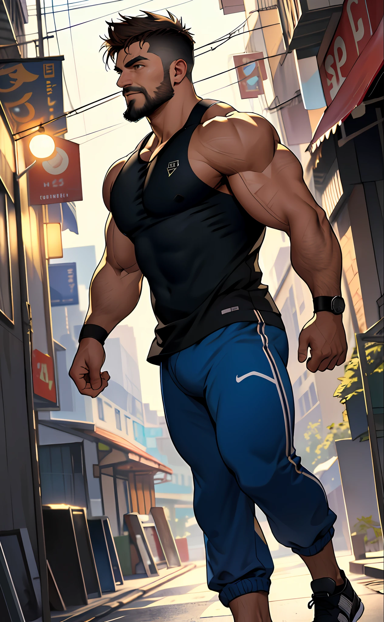 best quality, masterpiece, super high resolution, detailed background, realism, Illustrations, single, 1 boy, street, muscle, volumetric lighting, depth of field, facial hair, fitness trainer