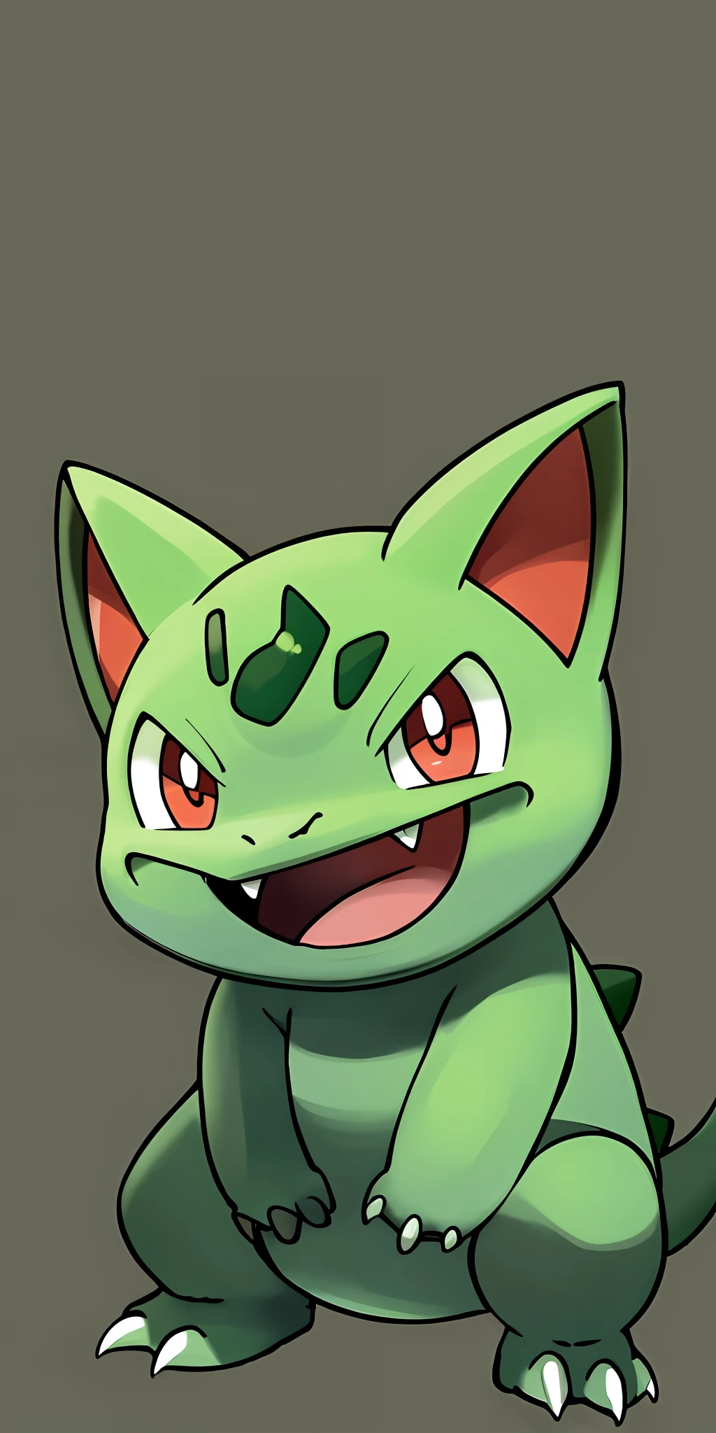 sugimori ken \(style\), bulbasaur, solo, looking at viewer, smile, open mouth, red eyes, full body, :d, no humans, pokemon \(creature\), fangs, happy, claws, bright pupils, white pupils