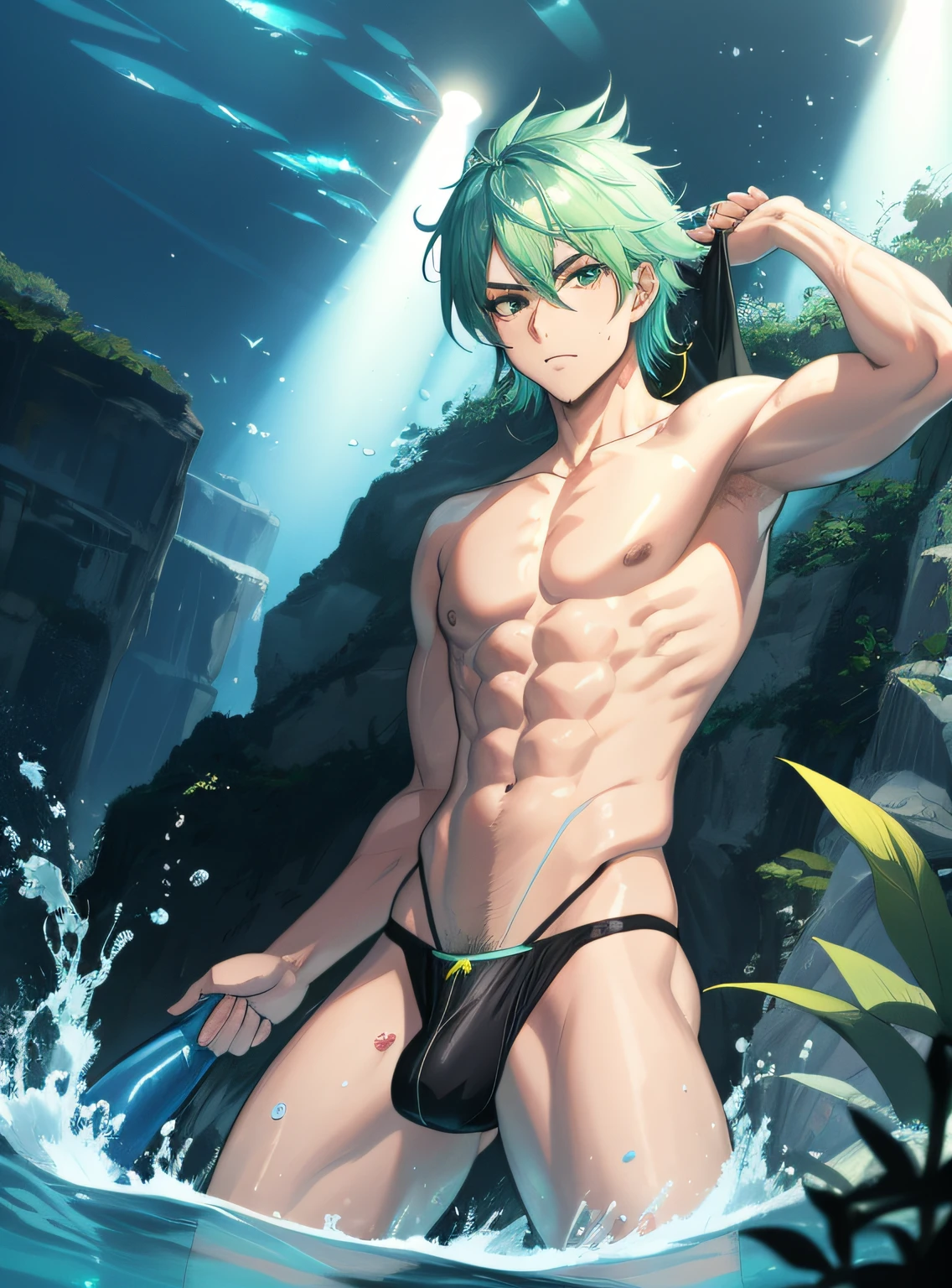 (hyper-realistic digital illustration), hires, best quality, underwater world, wide angle, swimming, athletic body, male, iridescent skin, flat chest, silver eyes, green hair styled in spikes, determined expression, bioluminescent lighting, wearing fashionable black small thong, full mast, erect bulge, erect bulge, visible through underwear , small waist, broad chest, big mane, slim scruffy, muscular
