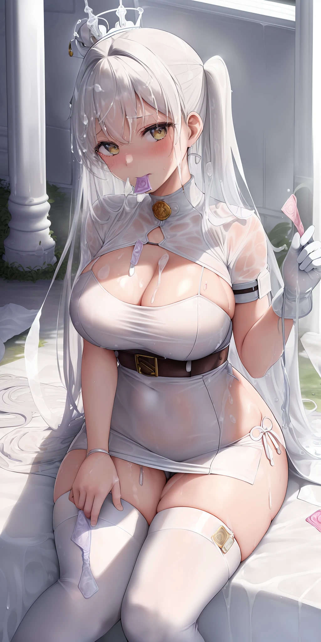 Relena peace crafts, masterpiece, best quality, detailed face, detailed eyes, highlights, large_breasts, relena military uniform, bra, crown, coiled hair, hairpin ((sweat rinse, bite a condom filled with white liquid, hold a condom filled with white liquid, thirty condoms filled with white liquid hang on the chest and leg strap) ((sweaty flushing, sitting, biting with a liquid condom, holding a condom, thirty condoms hanging on the chest after use, Sixty condoms after use))