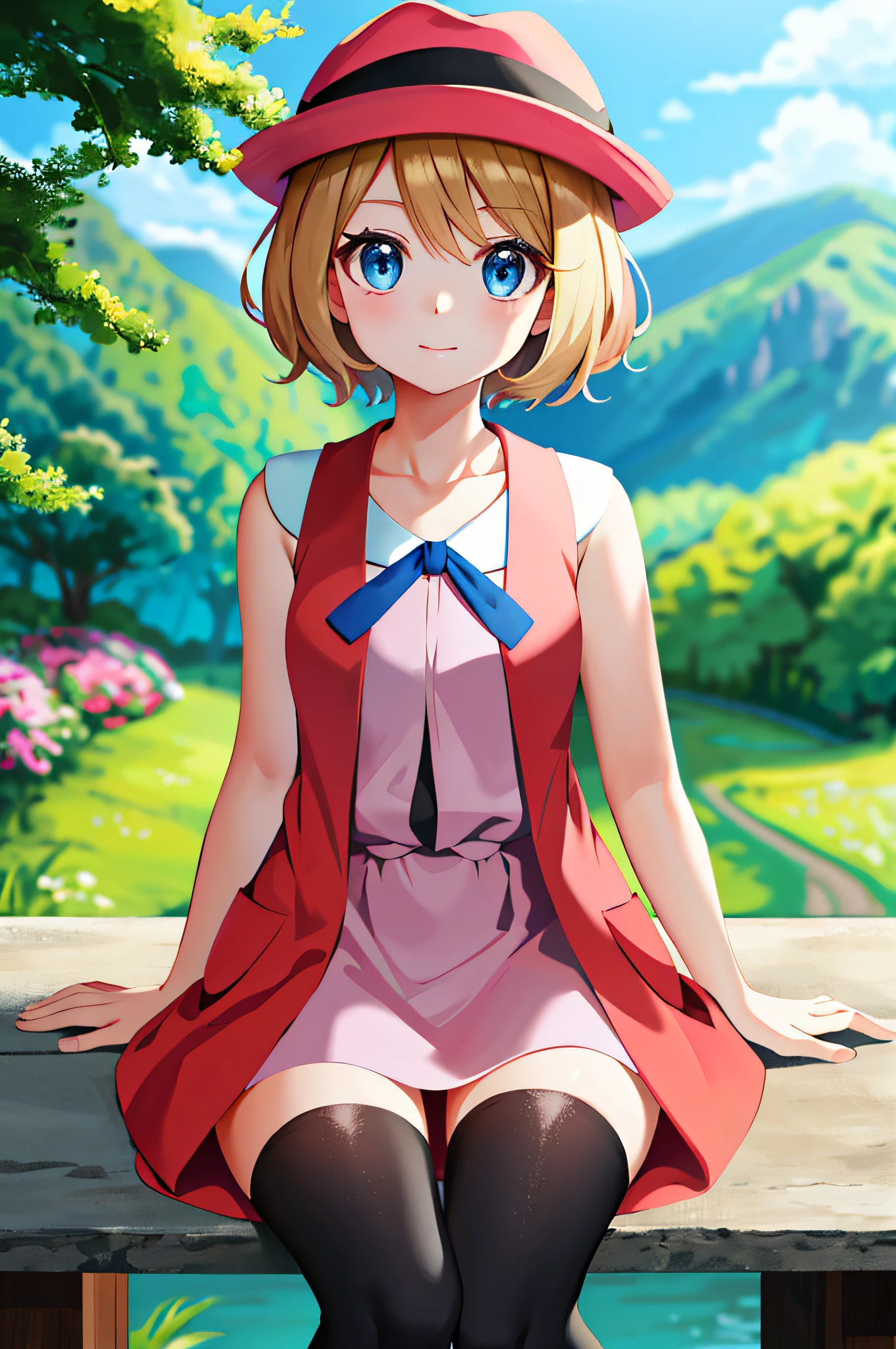 masterpiece, best quality, highres, serena \(pokemon\), short hair, blue eyes, 1girl, solo, blue ribbon, eyelashes, black thighhighs, neck ribbon, sleeveless, bangs, collarbone, bare arms, pink dress, red coat, pink headwear, outdoors, sitting, peace_sign,