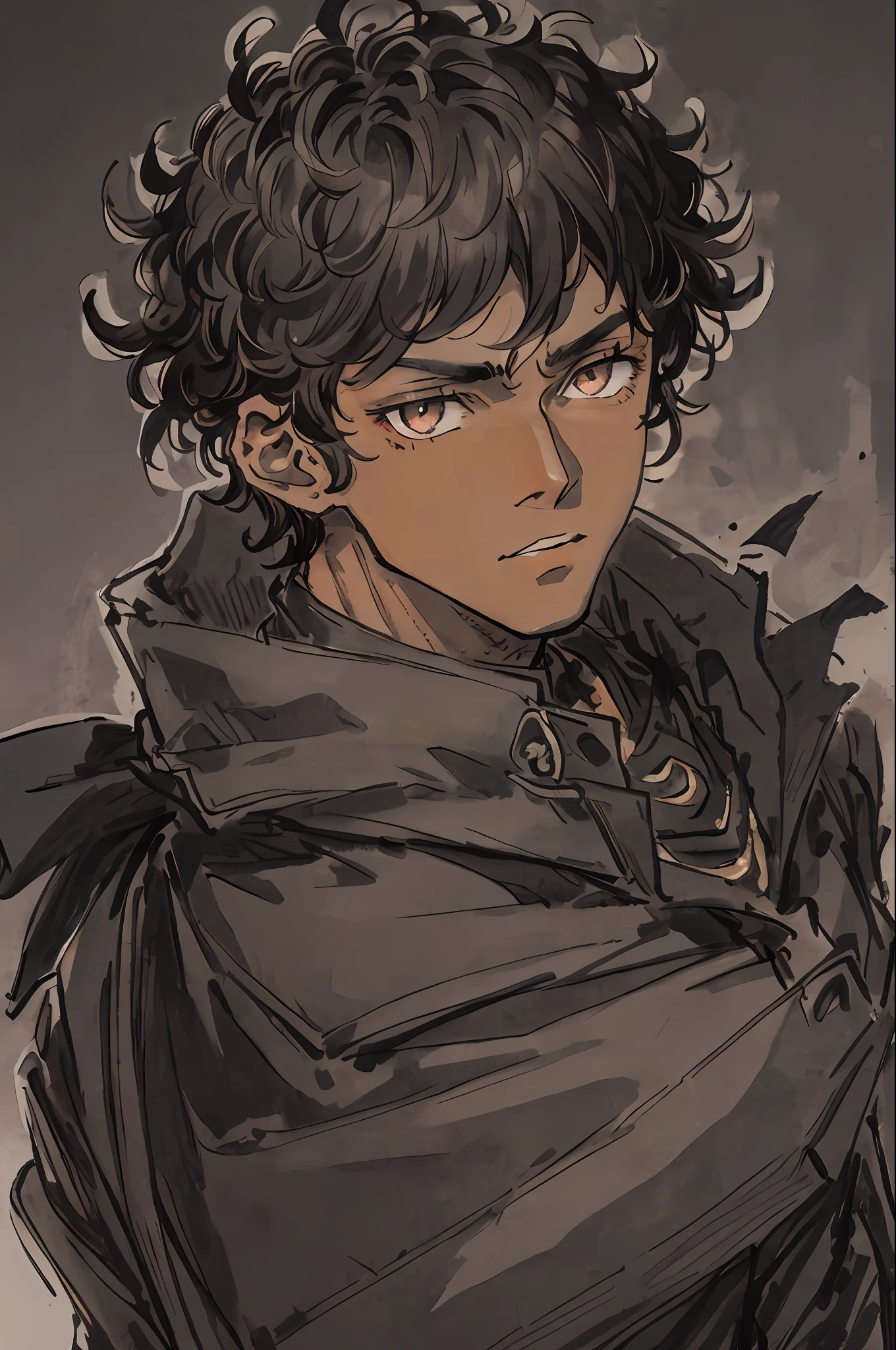 1boy, dark skin, short curly hair, shaved side, coat, dark brown eye, detailed eye, masterpiece, gray background