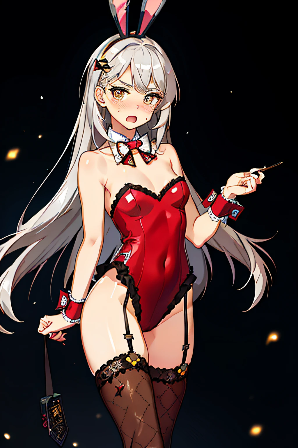 (masterpiece:1.2, best quality), (real picture, intricate details), solo, 1lady, hilde, small breasts, silver grey hair, ahoge, yellow eyes, orange eyes, very long hair, leotard, bunny ears, rabbit ears, red leotard, bare shoulders, bow, bowtie, fishnet thighhighs, fishnets garter straps, strapless leotard, (full-face blush), embarrassed, open mouth, cowboy shot, bar:1.5, (night:1.5),(dark background:1.1), (playboy bunny), extremely detailed hands,