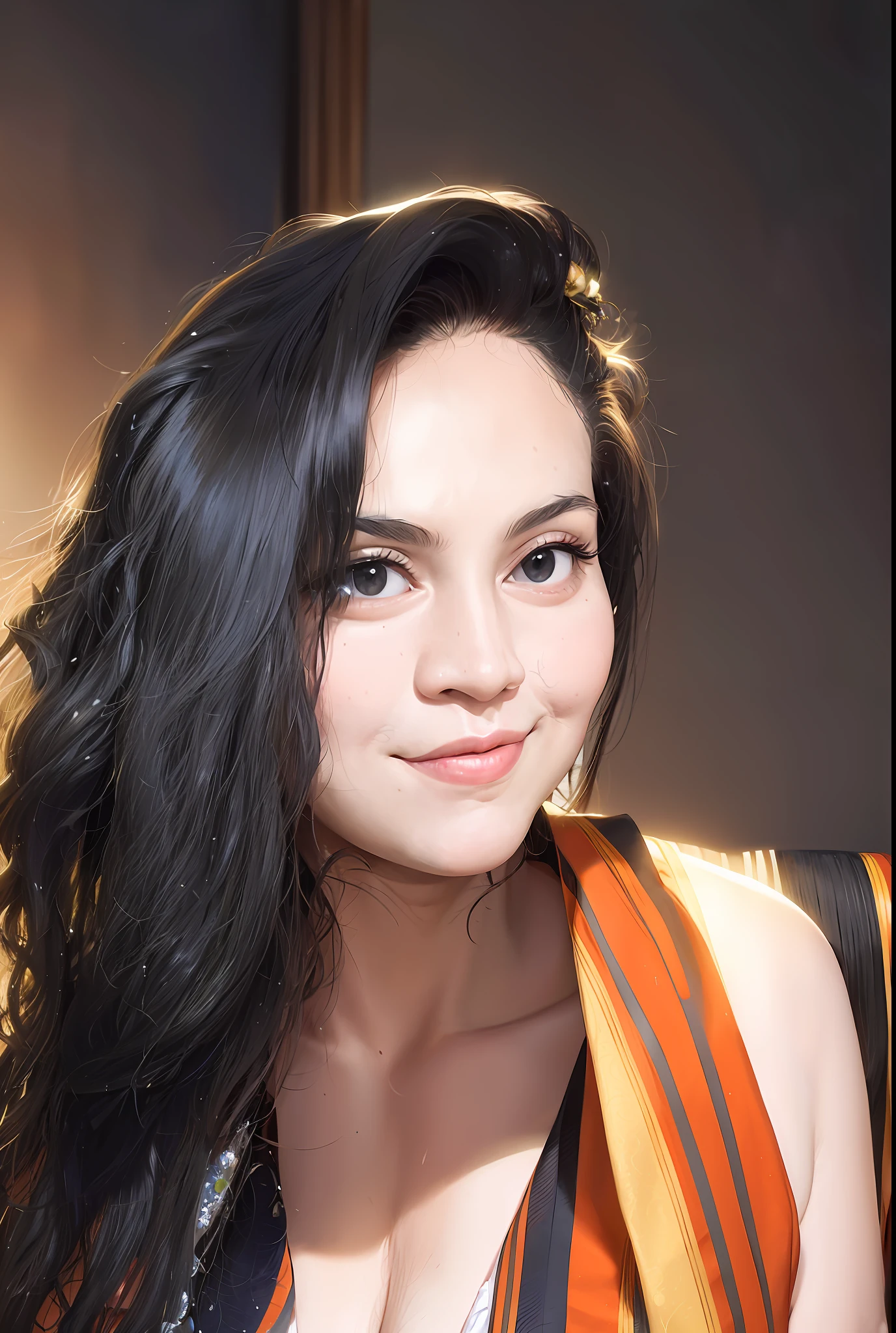8K wallpaper, there is a woman with long black hair posing for a photo, selfie of a young woman, of Nándor Katona, headshot profile photo, of Amelia Peláez, of Maria Helena Vieira da Silva, inspired by Maria Helena Vieira da Silva, half body headshot, with a flowing smile, ayahausca, no makeup wavy hair, flowers in the hair, detailed black eyes, flowers