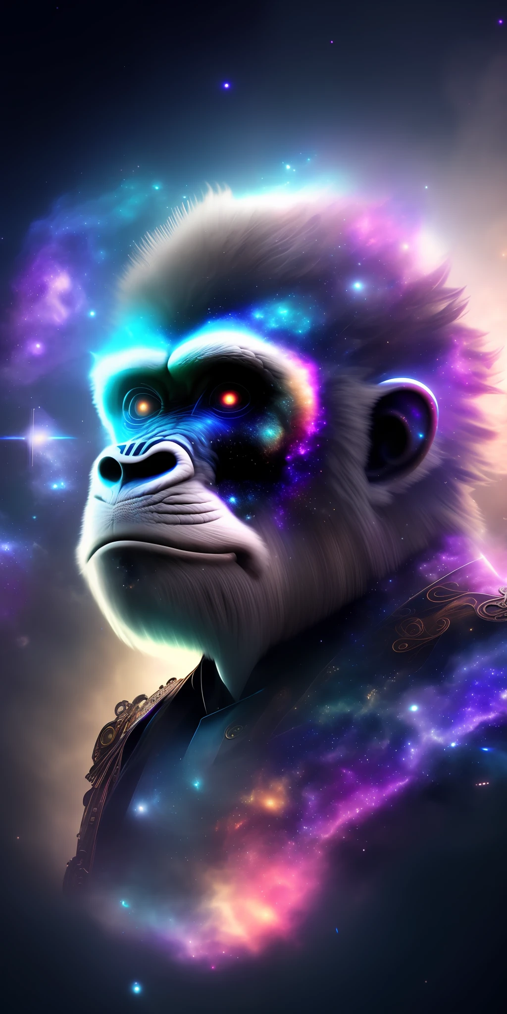 galaxy, spiral, space, nebula, stars, smoke, rainbow colors, intricate details, steampunk white gorilla shape, full body, octane rendering, surreal, octane rendering, 8k, upper illumination, dreamlikeart