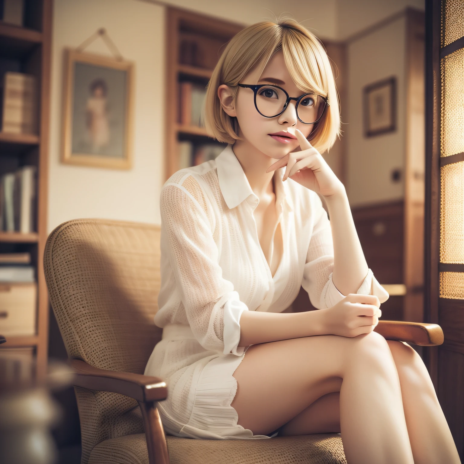 (ultra-detailed,masterpiece), best quality, heartwarming illustration, a cute girl, big round glasses, short blonde hair, (sensual hand gesture:1.2), sitting in a chair, (visual emphasis on hands), depth of field.