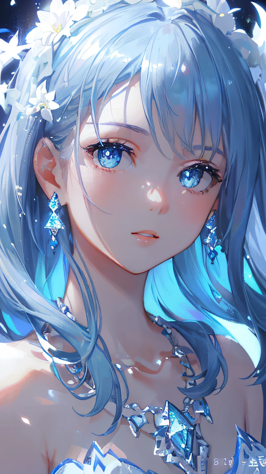 masterpiece, best quality, illustration, sax blue, platinum earrings, platinum necklace, white dress, 1girl, cute, (dynamic lighting:1.2), cinematic lighting, delicate facial features, detailed eyes, sharp pupils, realistic pupils, depth of field, bokeh, sharp focus, (hyper-detailed, bloom, glow:1.4), many small gems