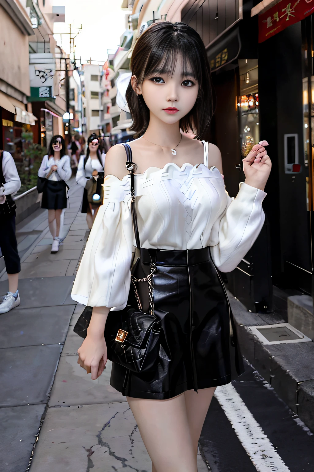 There is a woman who is on the street with a purse, Ulzzang, Korean girl, lovely young Korean face, beautiful young korean, beautiful young korean girl, wearing white sweater, young and beautiful girl, beautiful asian girl, with medium hair, beautiful south korean woman,