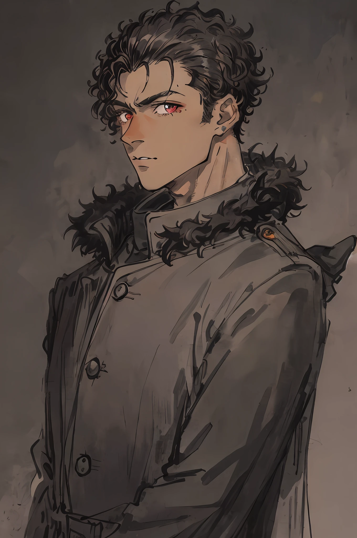 1boy, dark skin, short curly hair, shaved side, coat, dark brown eye, detailed eye, masterpiece, gray background