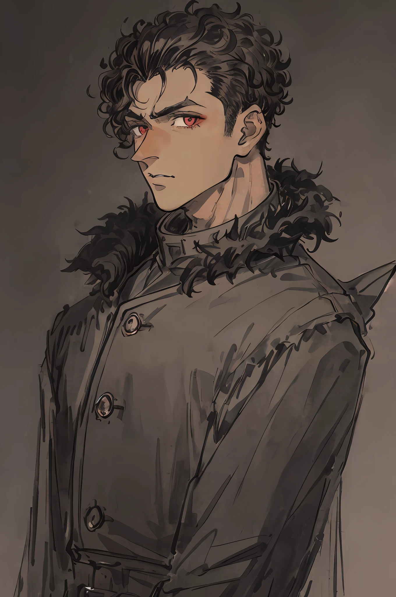 1boy, dark skin, short curly hair, shaved side, coat, dark brown eye, detailed eye, masterpiece, gray background