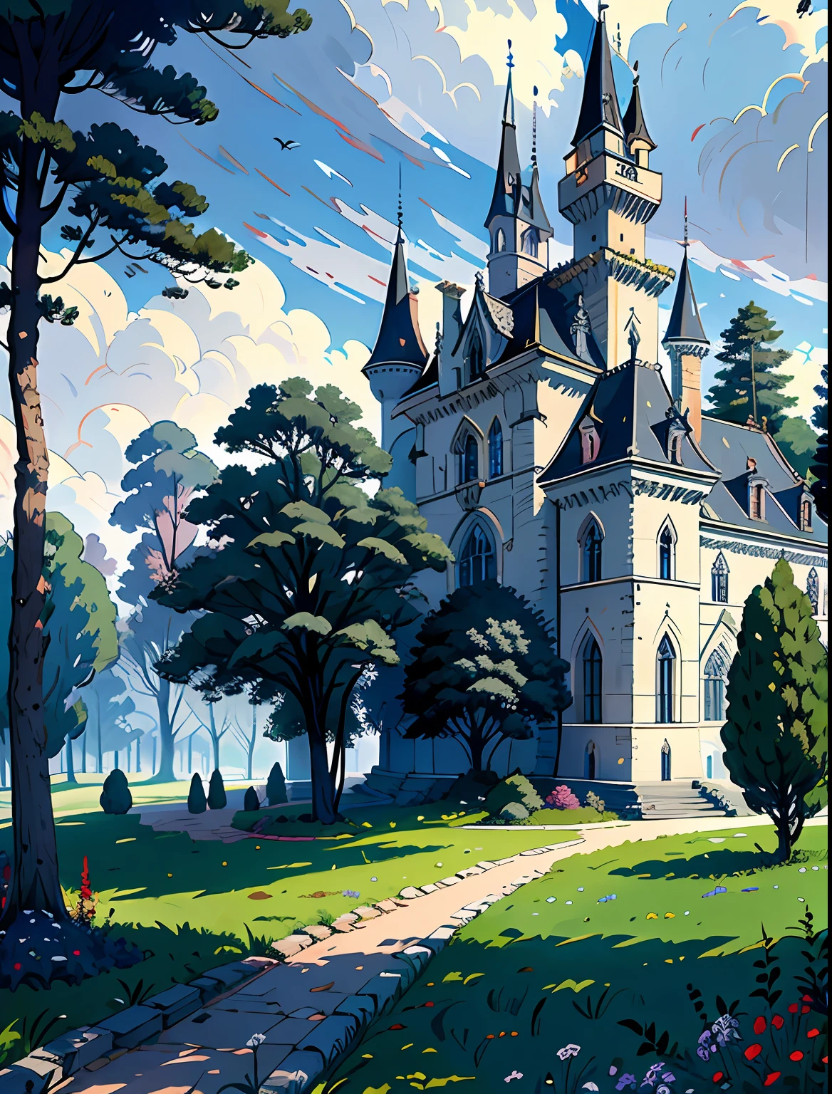 nature, detailed lighting,castle with a garden in the center, gray sky,with dark clouds above the castle, dry trees without fruits, animals in the garden, realistic anthill,
