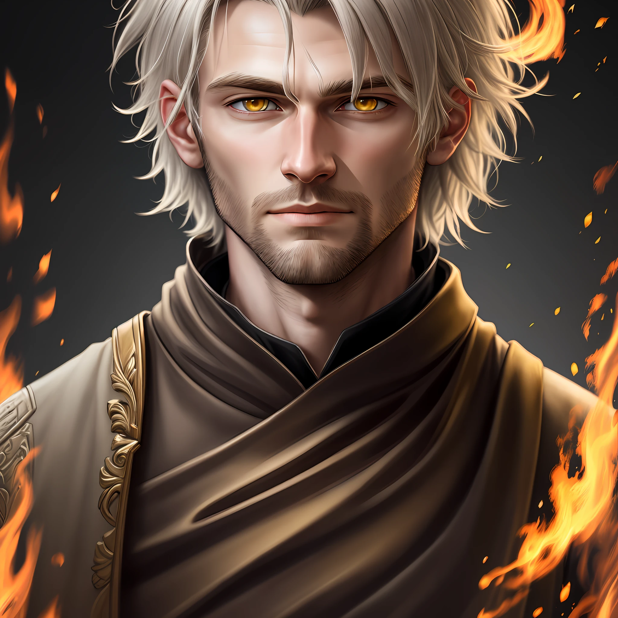 Clarity, detail, realism, fantasy, illustration, portrait, man 30 years old, light ash hair, yellow eyes, light, unshaven, fire, 8k