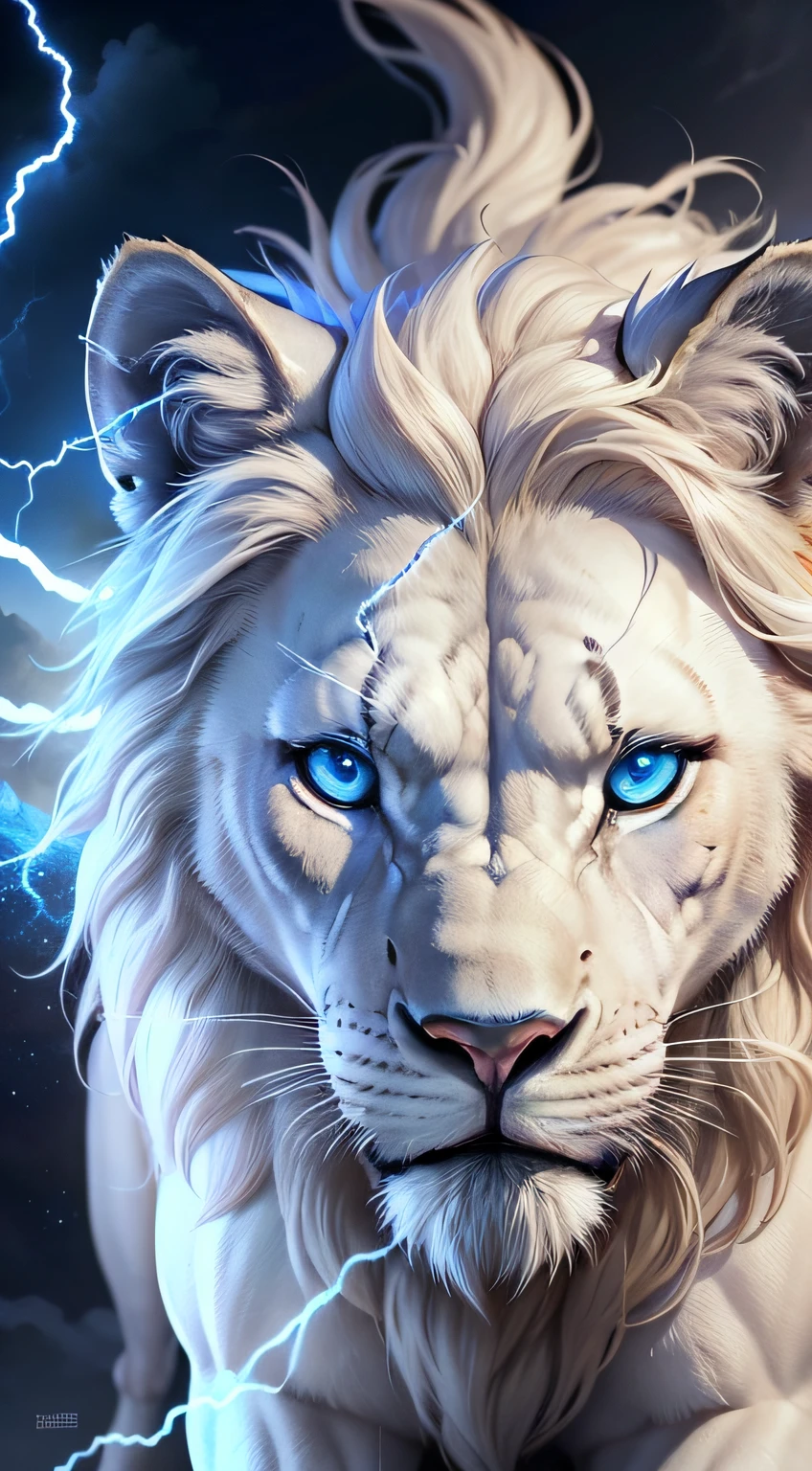a close up of a white lion with blue eyes and lightning, roaring blue lion. majestic, dominant wihte and blue colours, gorgeous goddess of leo, wallpaper 4 k, wallpaper 4k, lion warrior, beautiful digital artwork, amazing wallpaper, fierce expression 4k, 4k highly detailed digital art, wallpaper hd, lion, majestic!!! beautiful!!!