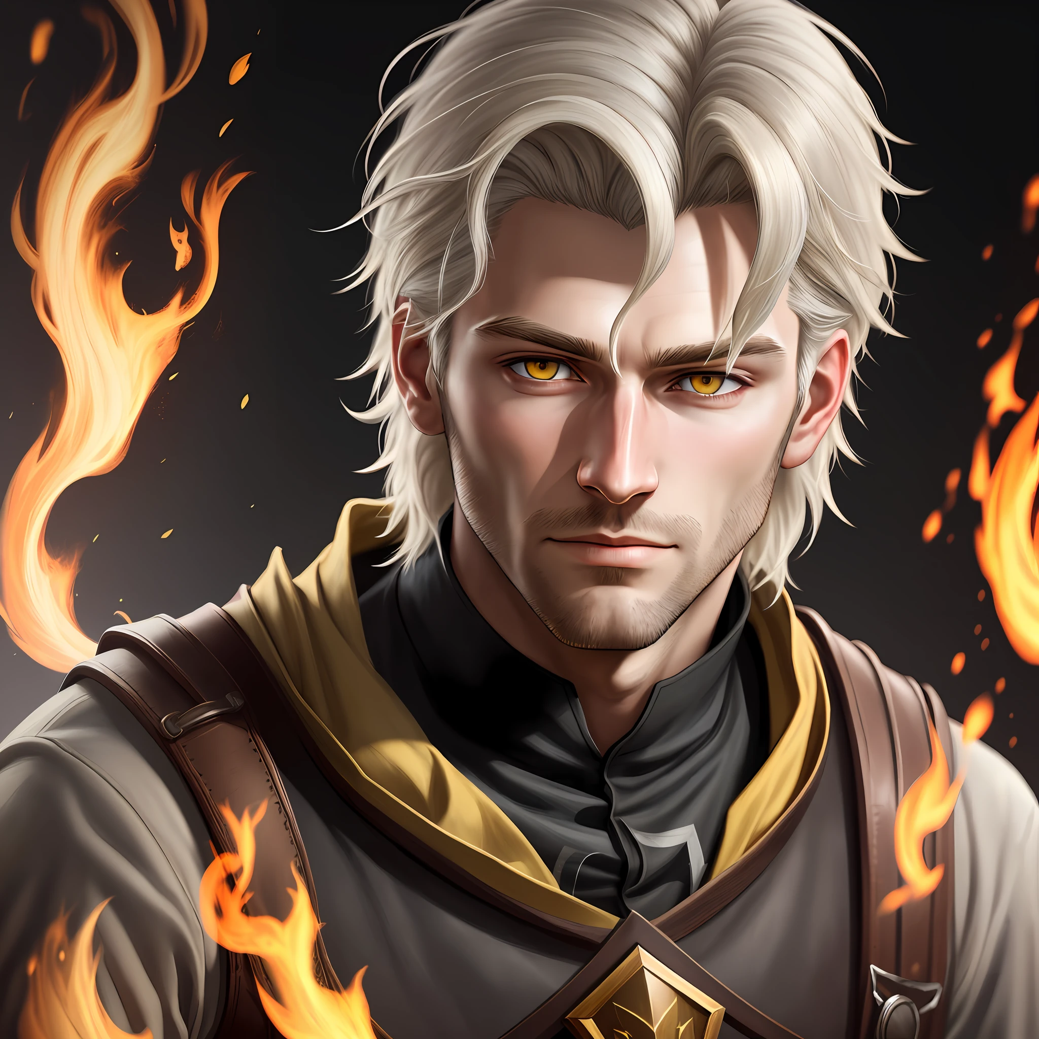 Clarity, detail, realism, fantasy, illustration, portrait, man 30 years old, light ash hair, yellow eyes, light, unshaven, fire, 8k