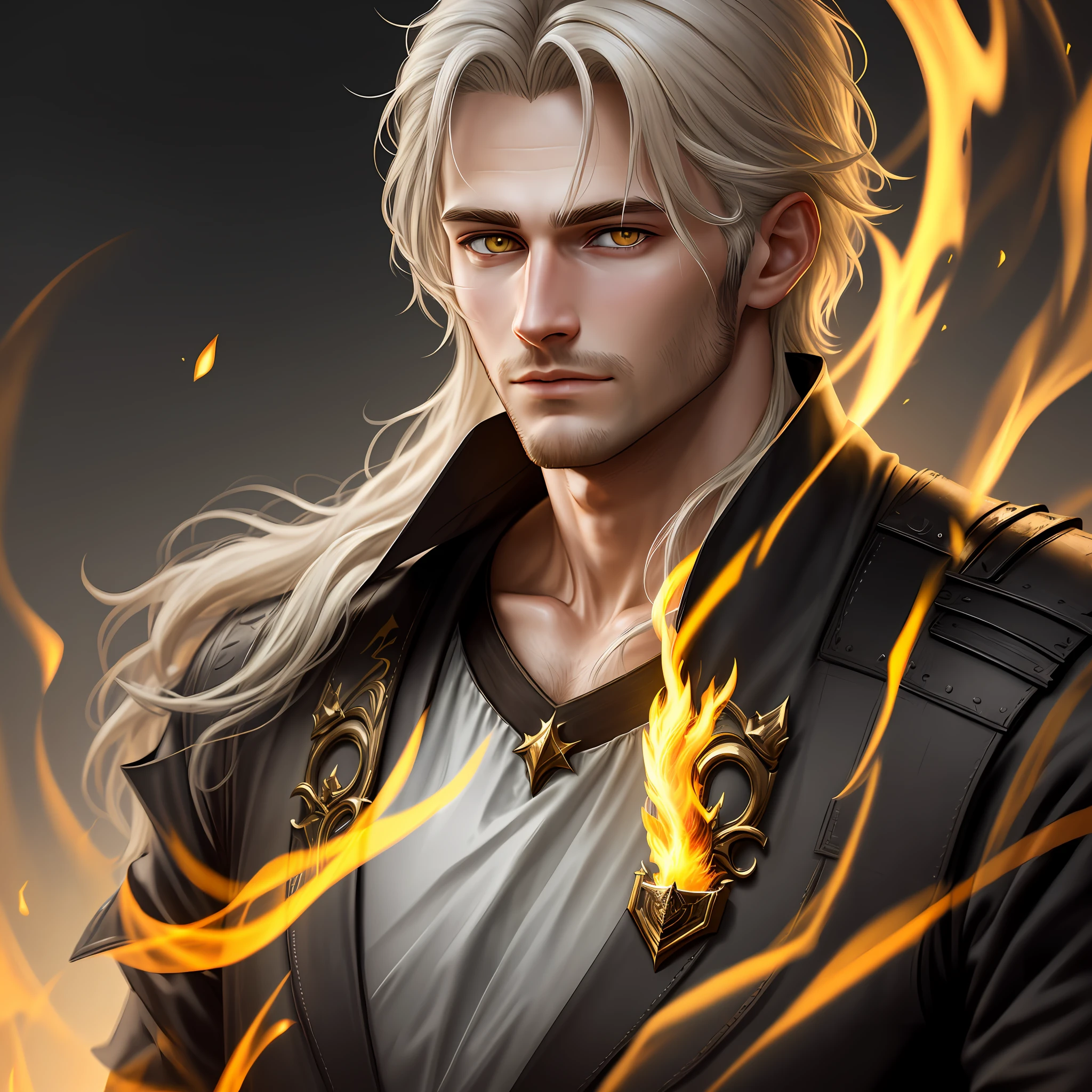 Clarity, detail, realism, fantasy, illustration, portrait, man 27 years old, light ash hair, yellow eyes, light, unshaven, fire, 8k