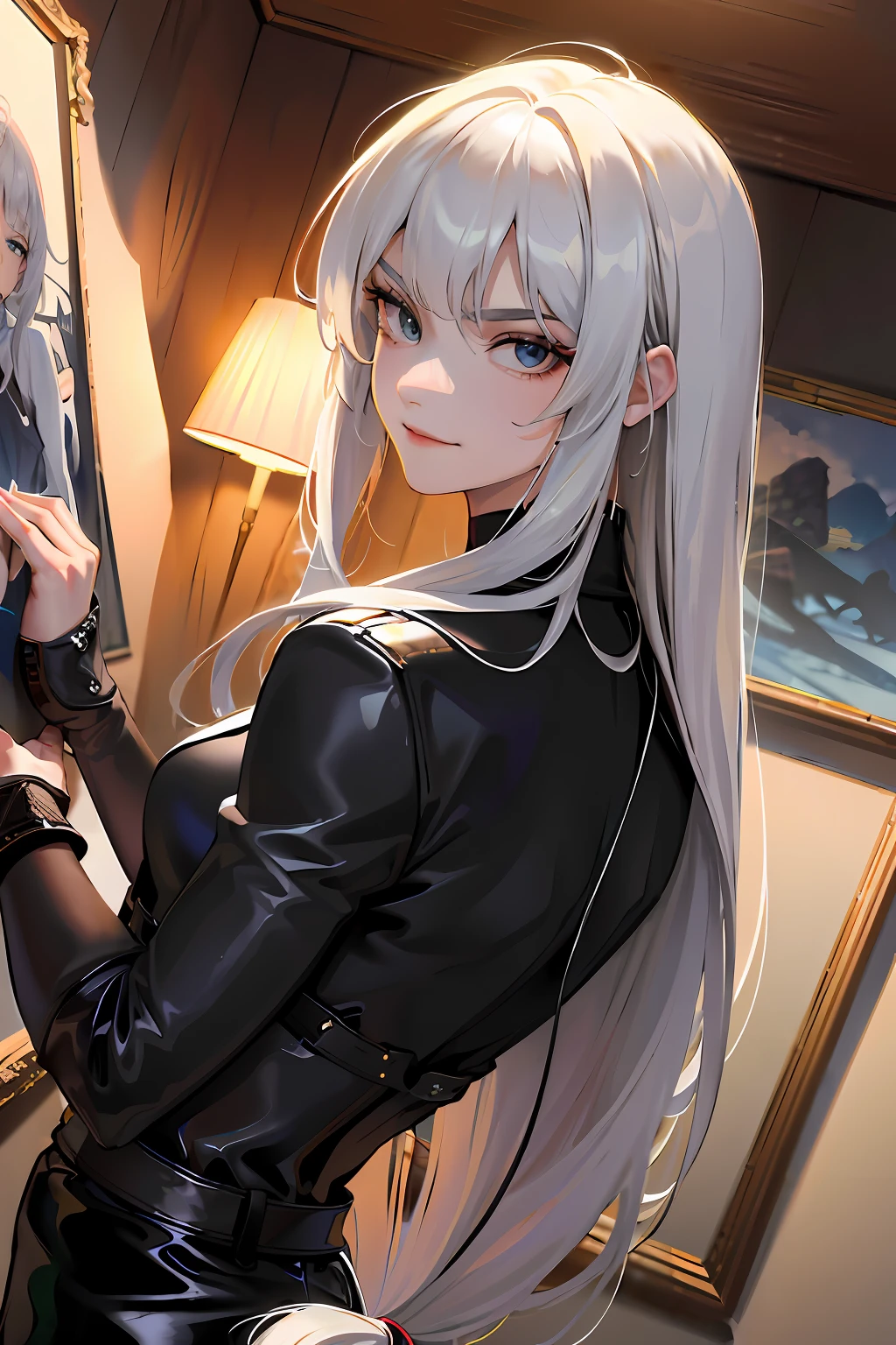 ((extreme detail)),(ultra-detailed),(painting), (masterpiece, best quality:1.2), (absurd res, high res, ultra detailed), 1 male, adult, handsome, tall muscular guy, broad shoulders, white long hair, finely detailed eyes, portrait, looking at viewer, solo, half shot, detailed background, detailed face, (gothic), smirk, vampire, dark leather, high fantasy, stealth, undercover, (crates in background), shadows, fog, (dutch angle), closed mouth, black pants, anime style