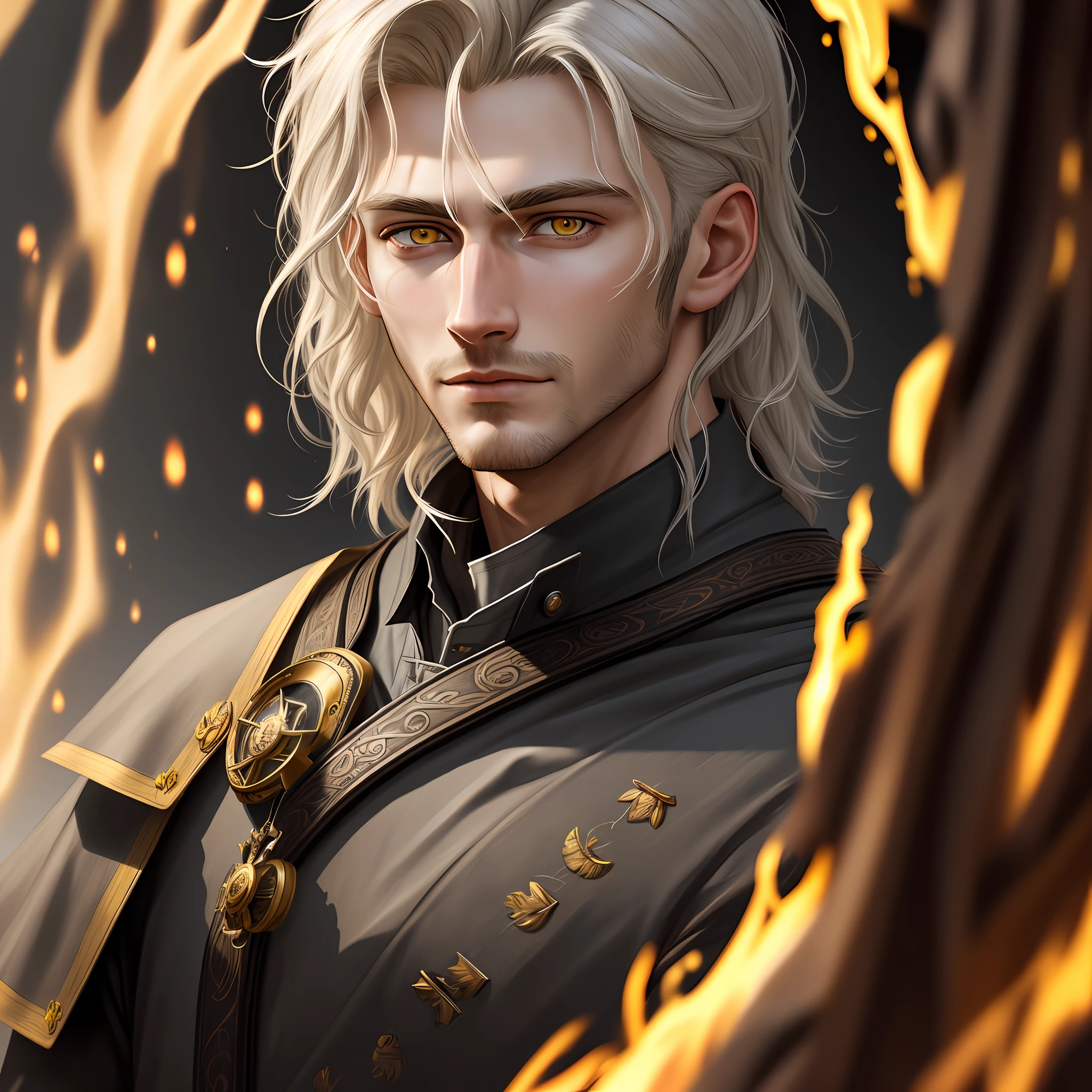 Clarity, detail, realism, fantasy, illustration, portrait, man 27 years old, light ash hair, yellow eyes, light, unshaven, fire, 8k