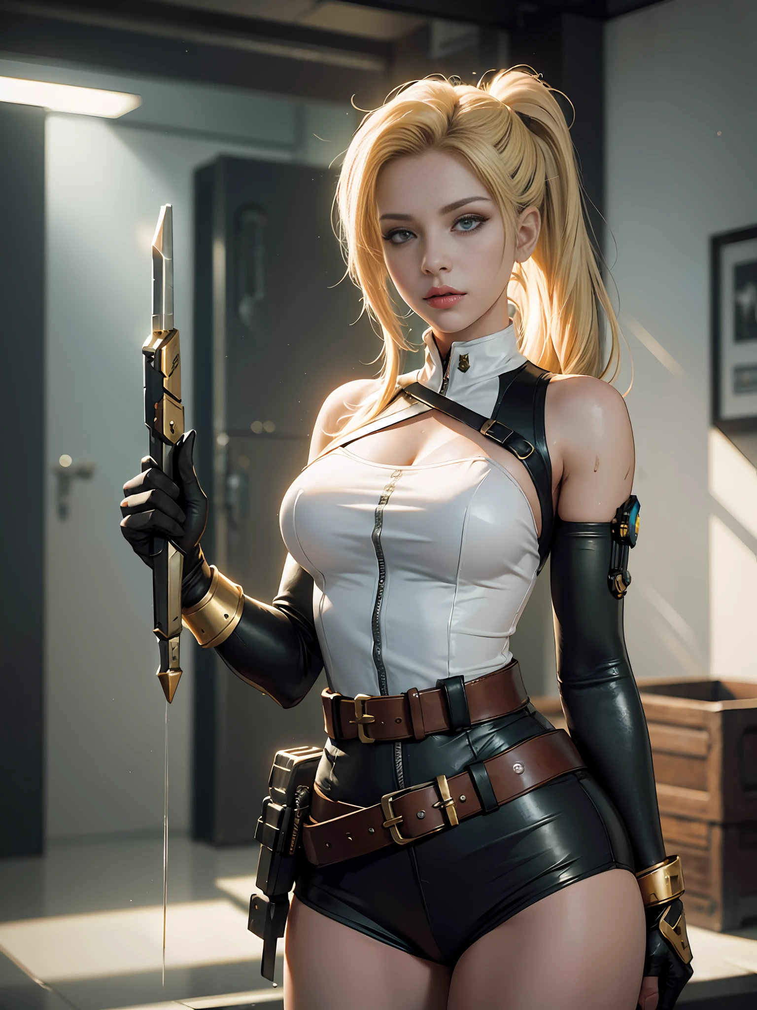 best quality, masterpiece, eye reflection, best quality, masterpiece, mercy eye reflection, alone, sculptural perfect body, blonde,overwatch mercy style hairstyle, green eyes, two arms, tomb raider style neckline clothing, utilitarian belt, alone, command room, 8k, masterpiece, highres, absurdres, natural volumetric lighting and best shadows, deep depth of field, sharp focus, naughty face, super yummy, medium breasts, elements of warhammer 40k, hyper detailed scenery, goddess --auto --s2