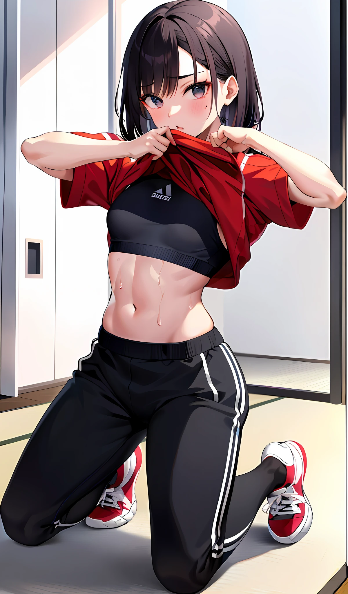 Masterpiece, 1 Girl, (Front View, Straight Ahead of the Viewer, Dwarf: 1.2), Japan Person, (Small Breasts, Tracksuit, Kneeling, Shirt Lift: 0.8), (Slender, Muscular: 0.5), Black Hair, Pout, Sit Astrion, Sweaty, Sports Bra and Hot Pants