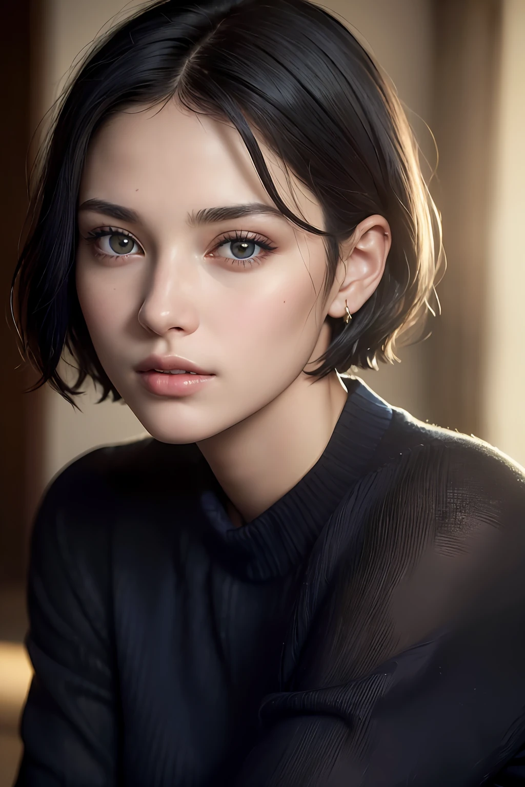 (masterpiece:1.3), (8k, photorealistic, RAW photo, best quality: 1.4), (1girl), beautiful face, (realistic face), (black hair, short hair:1.3), beautiful hairstyle, realistic eyes, beautiful detailed eyes, (realistic skin), beautiful skin, (navy blue sweater), absurdres, attractive, ultra high res, ultra realistic, highly detailed, golden ratio, dark, rim lighting