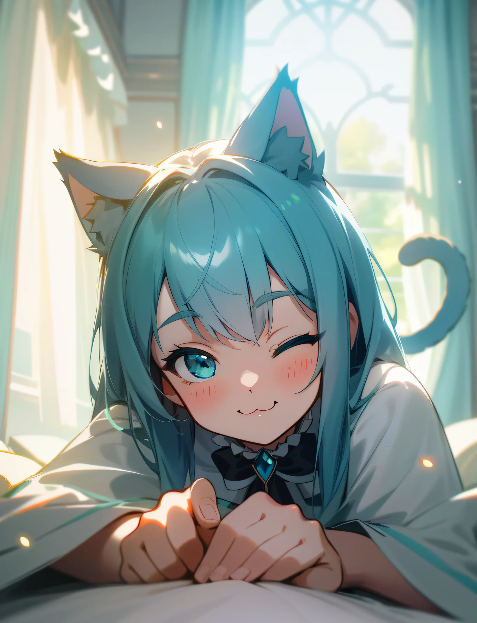 depth of field, perfect lighting, light particles,(best quality),(masterpiece),(ultra detailed),sharp focus,  puck, :3, aqua_eyes,  blue_eyes, cat, smile, solo, tail, pov, close-up,  upper body, windows, curtains,  bedroom, all fours, one eye closed,