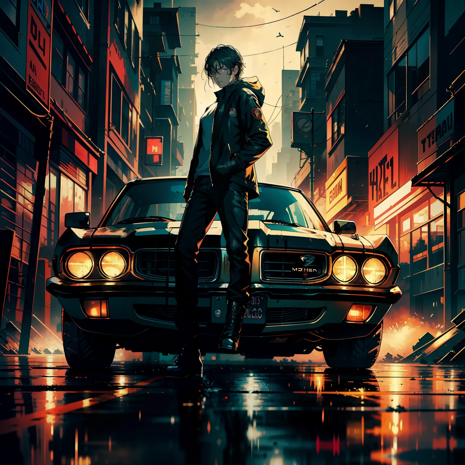 a professional full body length photo of a soaking wet of machine oil a Pontiac GTO on the background, air above head, a postapocalyptic slate atmosphere, cinematic, dimmed colors, dark shot, muted colors, perfect lighting, perfect shadows, film grainy, lut, insane details, intricate details, hyperdetailed, twilight, DOF, lifelike, 8k, ultra quality, lifelike, photo made using a Leica Macro Elmar-R 11232 4/100mm 1980, rule of 3/4, ultra quality post processing