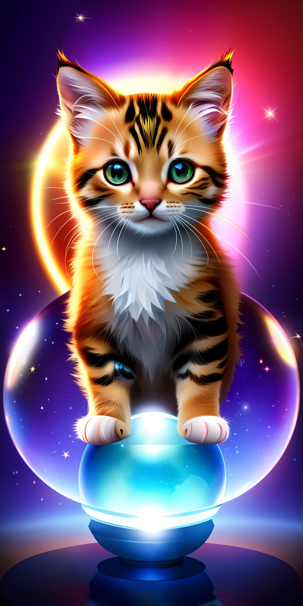 A cute kitten made of a crystal ball, low poly eyes surrounded by a glowing aura, flame-like sparkles highly detailed complex concept art trend artstation 8k