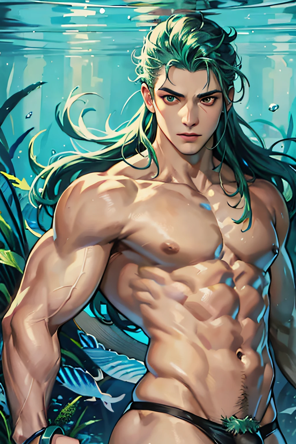 (hyper-realistic digital illustration), hires, best quality, wearing small thong, full mast, erect bulge, erect bulge, visible through thong , underwater world, wide angle, swimming, athletic body, male, iridescent skin, flat chest, silver eyes, green hair styled in spikes, determined expression, bioluminescent lighting, small waist, broad chest, big mane, slim scruffy, muscular