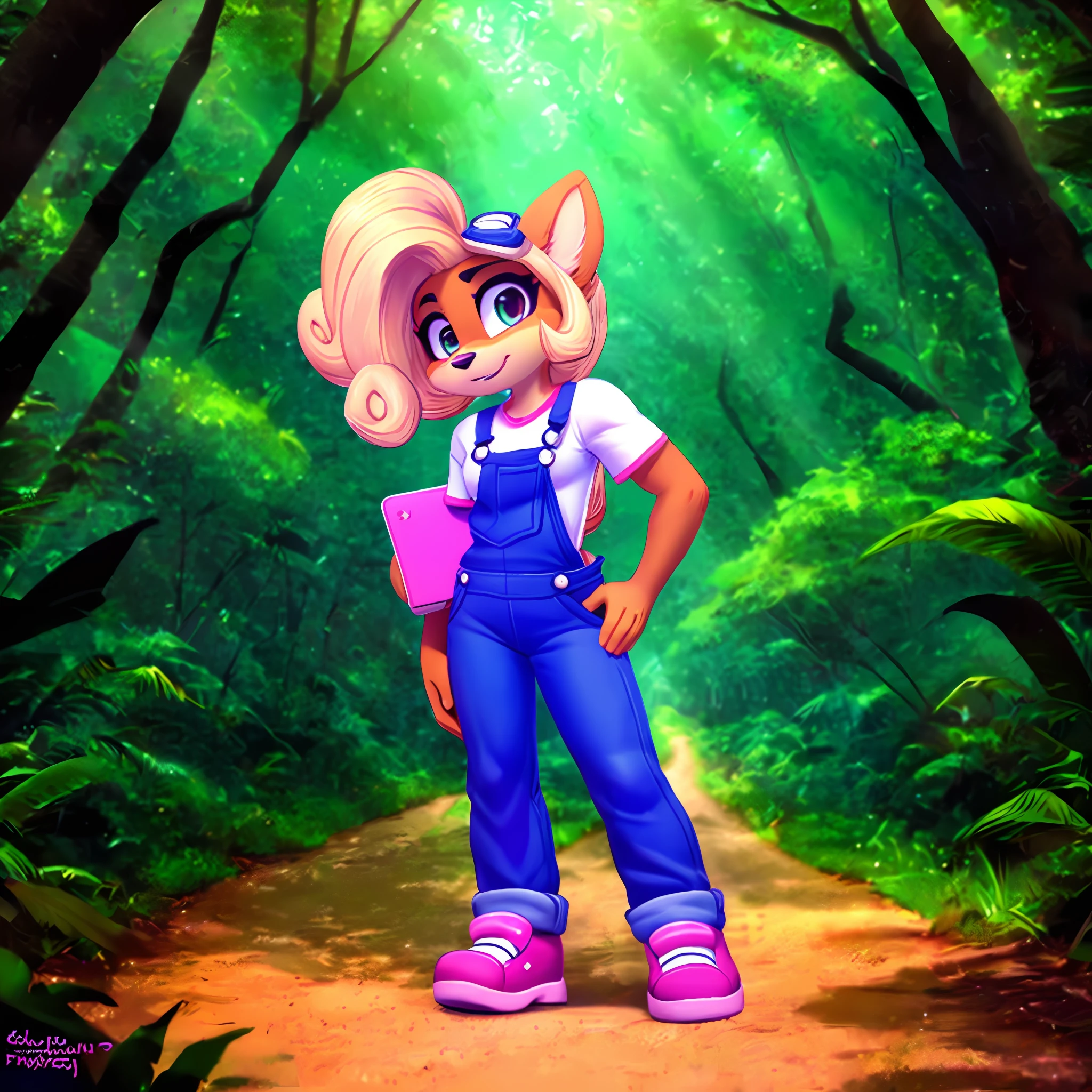 coco, furry, anthro animal, high res, layered fur, cute, overalls, White shirt, pink shoes, holding pink laptop on hip, looking at viewer, forest background,