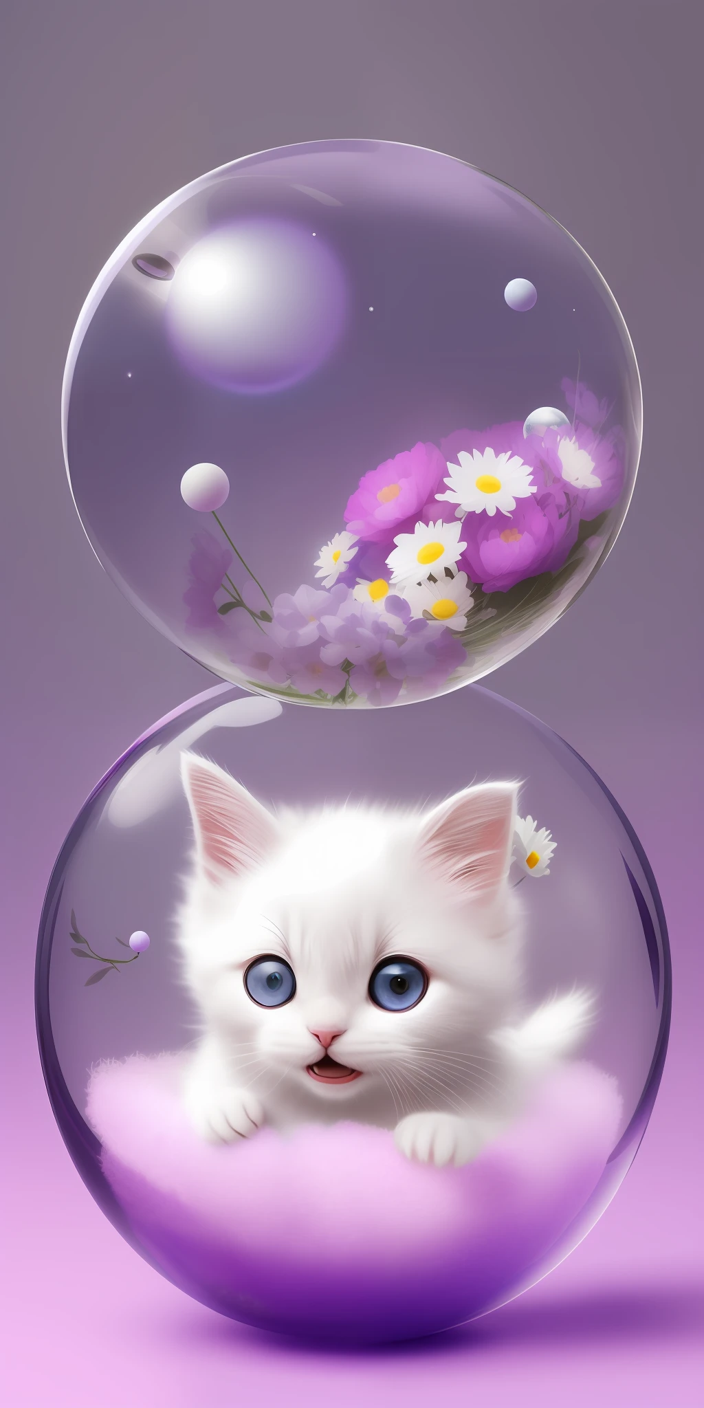 A cute furry white-furred kitten wearing a sweater, big ears, big eyes, next to flowers inside a large glass ball, flowers, light purple background, Morandi color, open mouth, laughing !!!, funny, (floating in space: 1.1) jubbslineart_v2