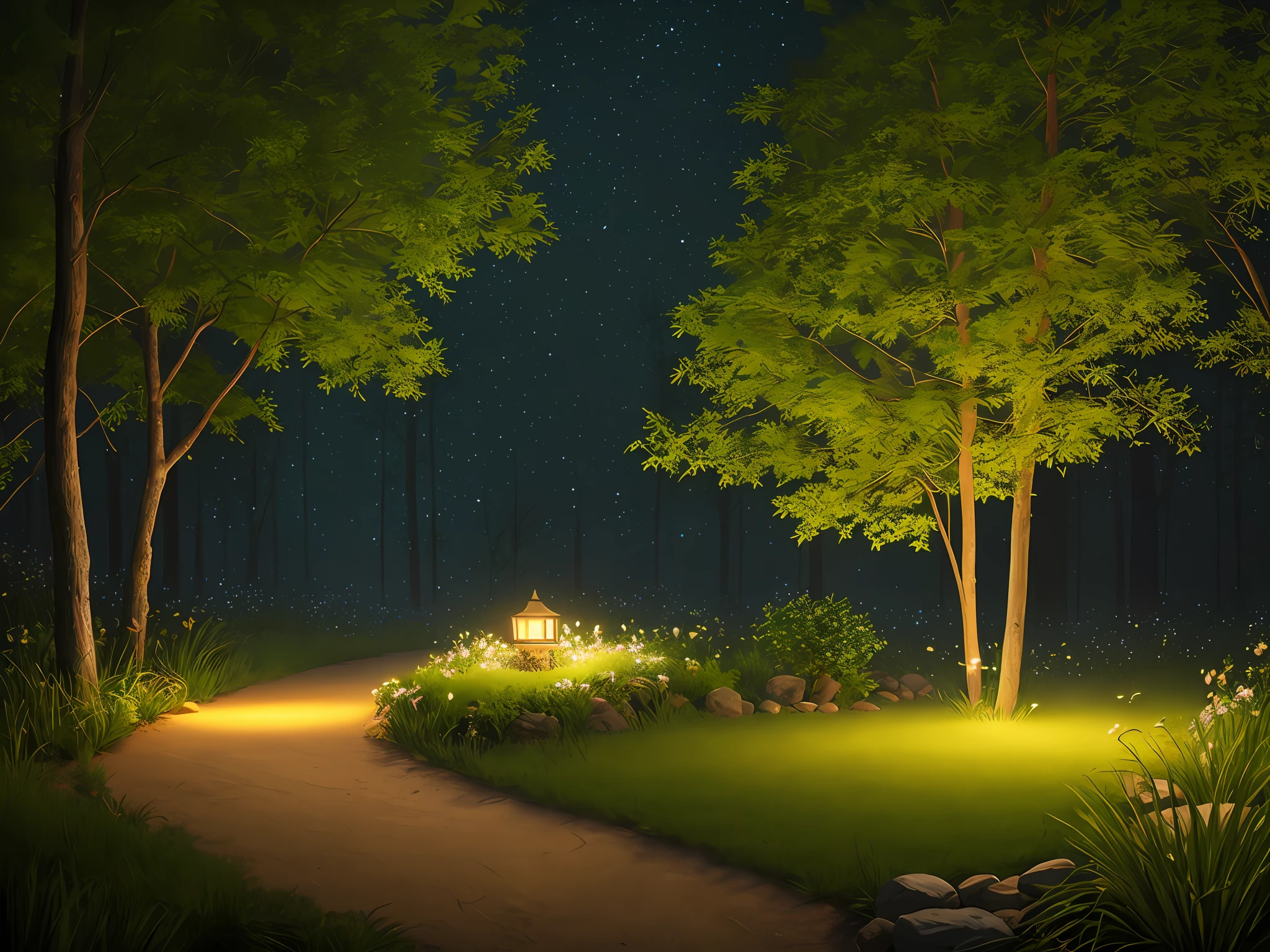At night,fireflies,A quiet place, very pleasant, aesthetic, calm, landscaped. photorealistic, 8k uhd, studio quality, ultra realistic, maximum detail, massive scale, post-processing, realistic, photorealism, photoshop, photography, detailed, cinematic lighting, landscape, panoramic, landscape, raytracing, cinema4d